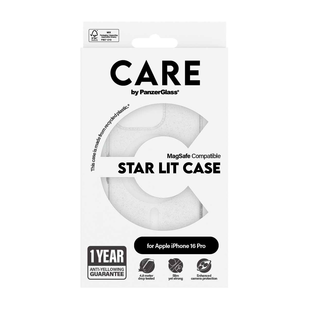 Scatola bianca con testo 'CARE' e 'STAR LIT CASE', più contorno custodia. Per iPhone 16 Pro.
