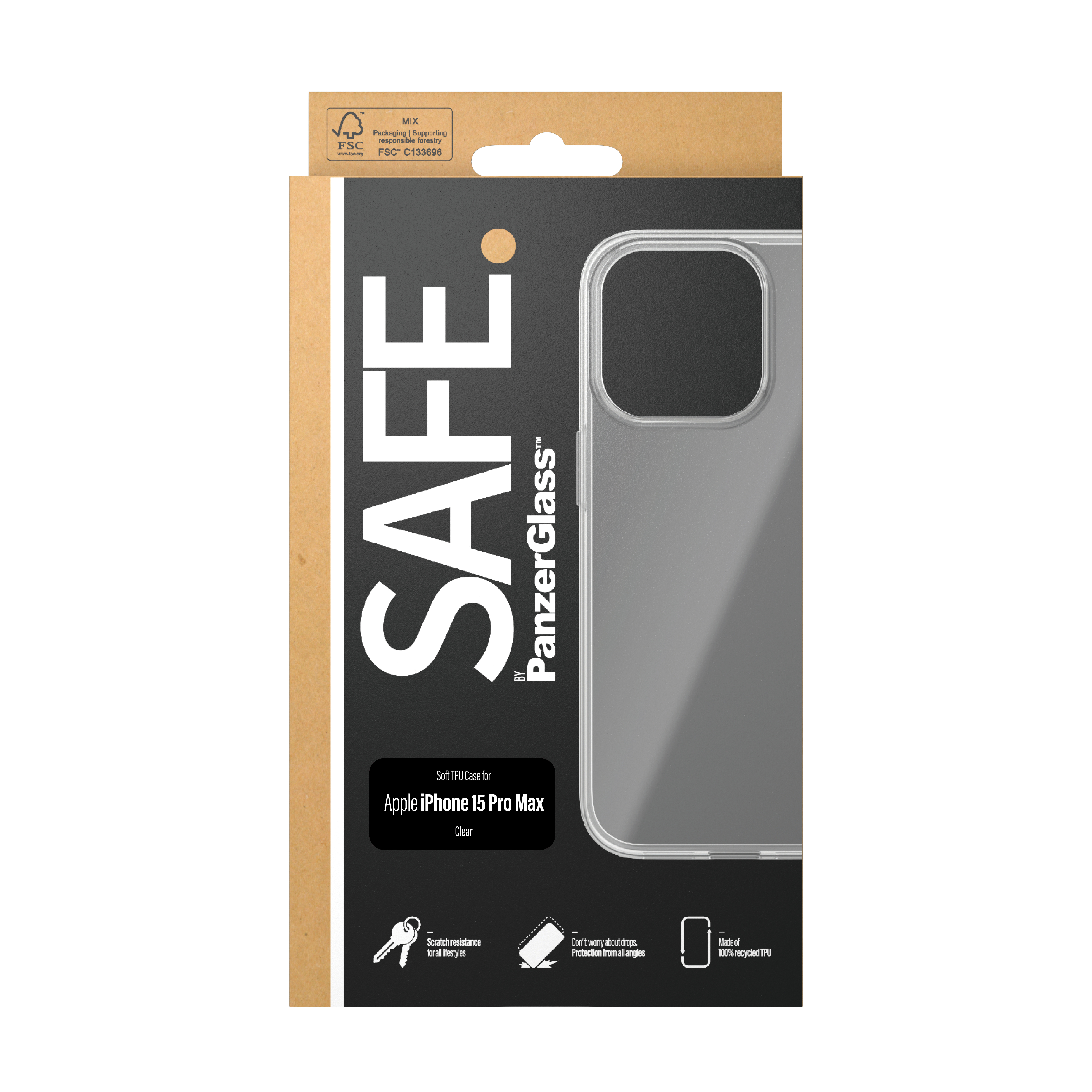 Scatola per custodia del telefono con il testo 'SAFE' e un'immagine di custodia trasparente. Per Apple iPhone 15 Pro Max.