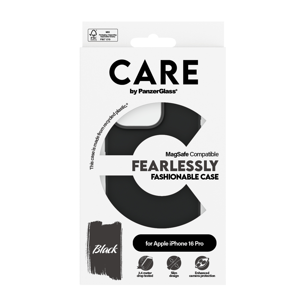 Weiße Box mit 'CARE' und 'FEARLESSLY FASHIONABLE CASE' Text, plus einer schwarzen Hülle. Für iPhone 16 Pro.