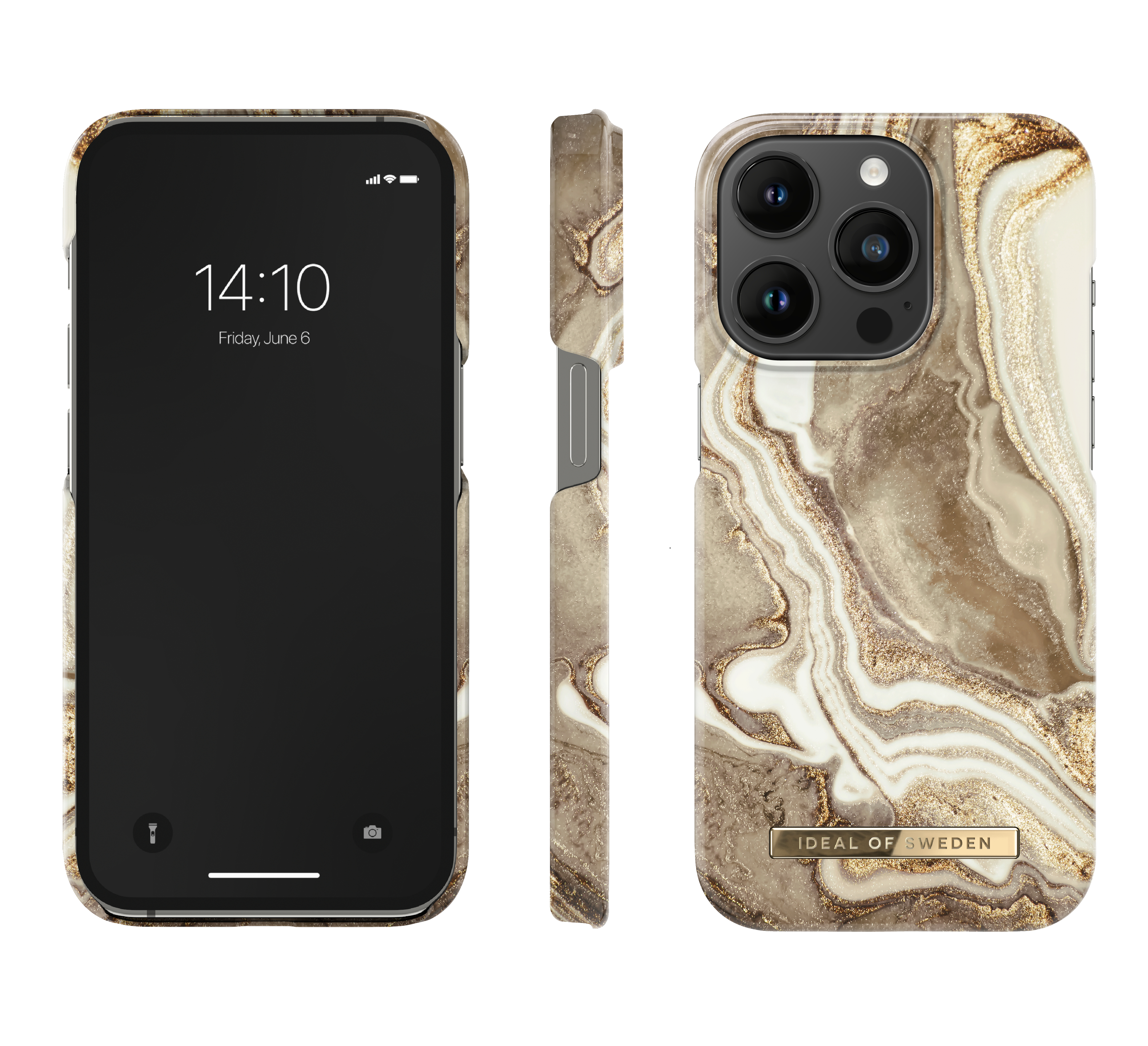 Telefon, Hülle und Seitenansicht. Telefon zeigt Uhrzeit und Datum. Marmormuster-Handyhülle.