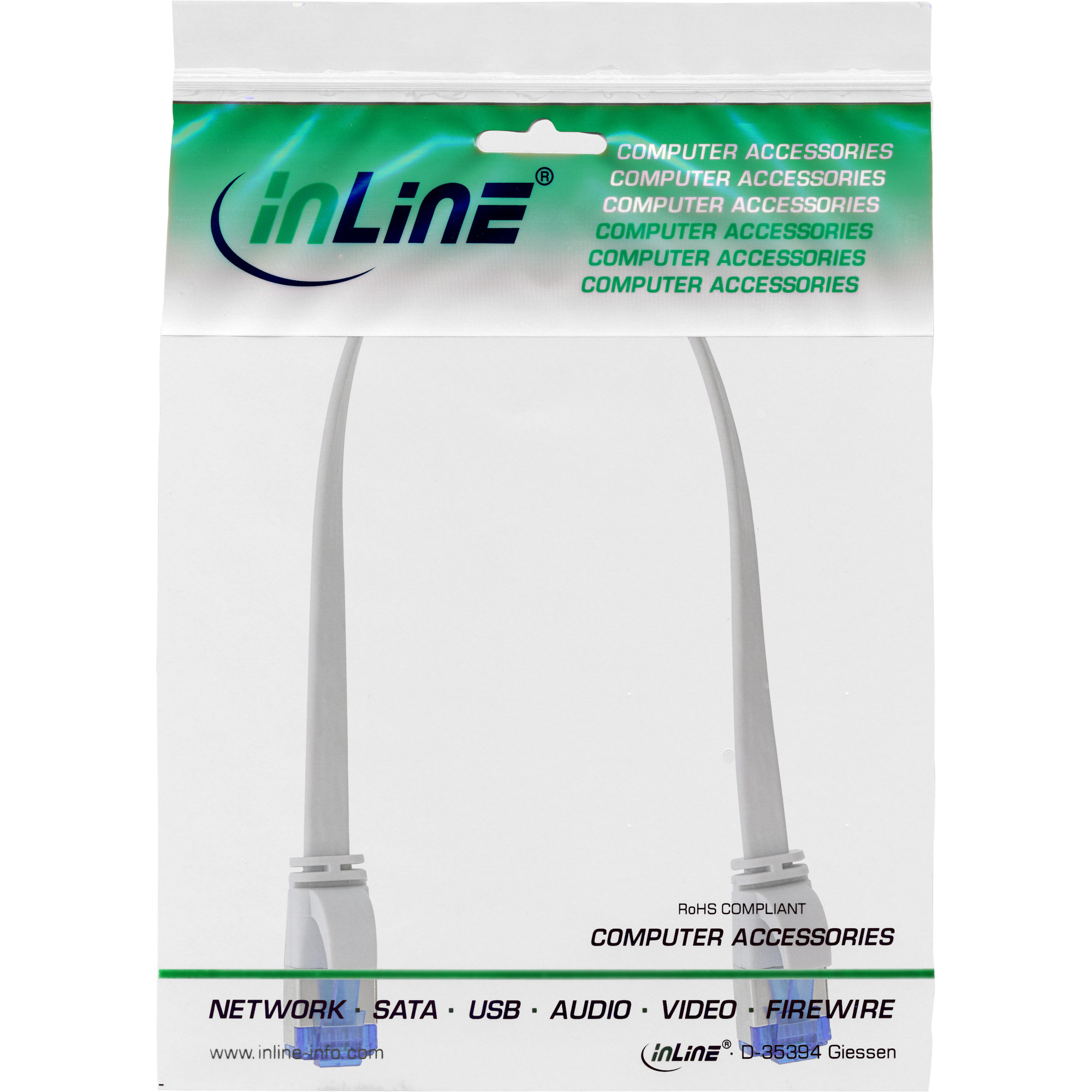 Transparante plastic zak met een netwerkkabel. 'inLine'-logo en tekst 'Computeraccessoires'.