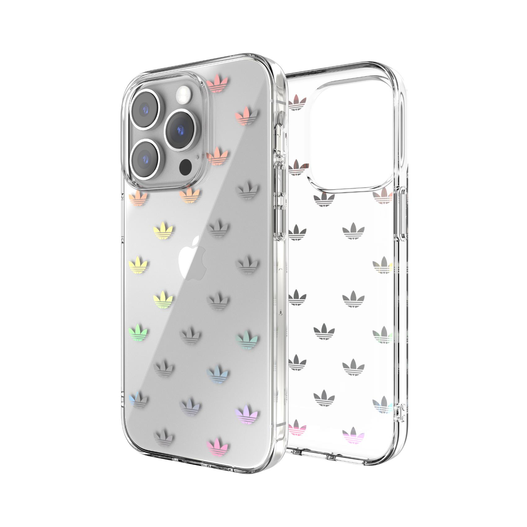 Custodia trasparente per telefono con logo Adidas. La custodia presenta un motivo multicolore con il logo Adidas.