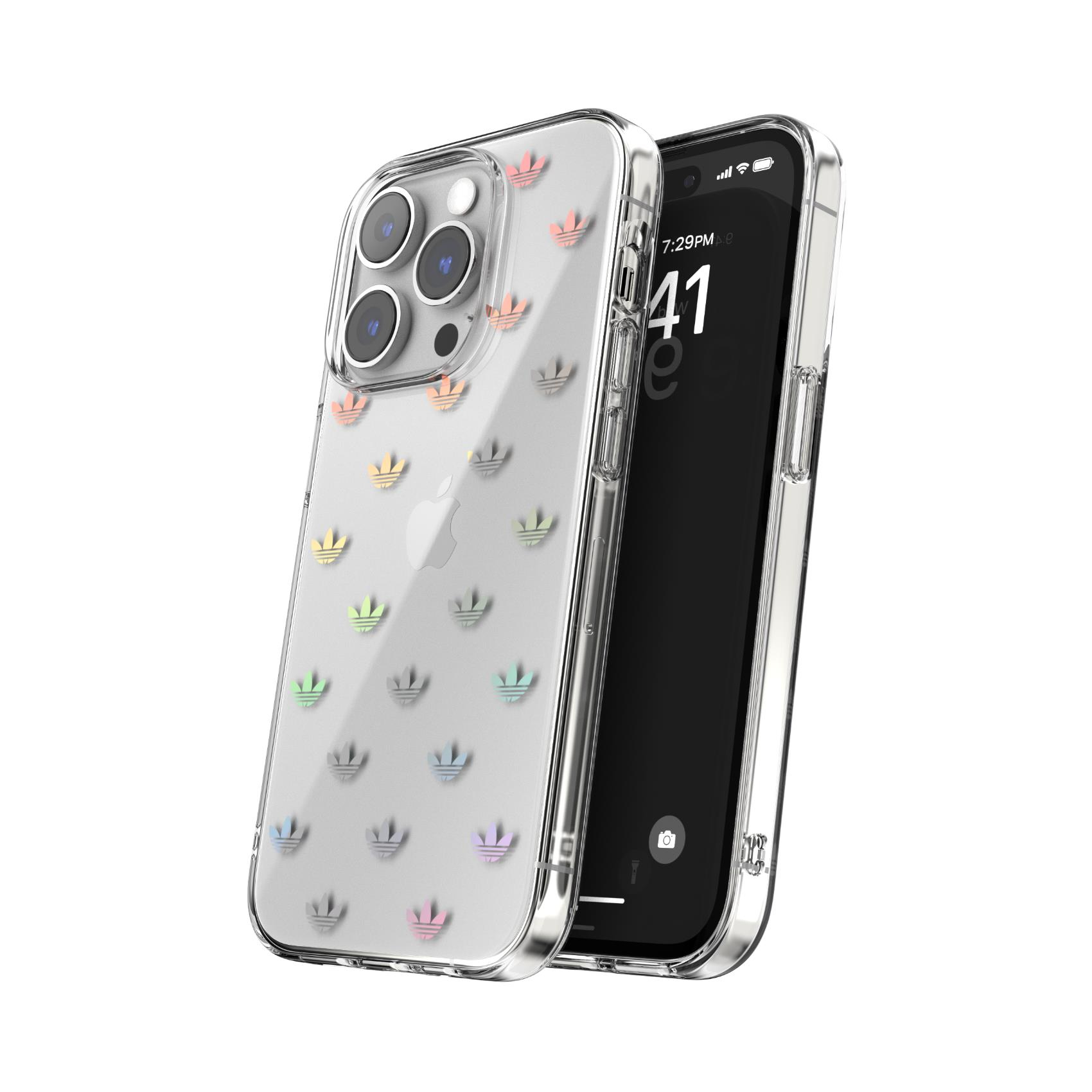 Una custodia trasparente con loghi Adidas colorati su un telefono. Il telefono ha uno schermo con ora e icone.