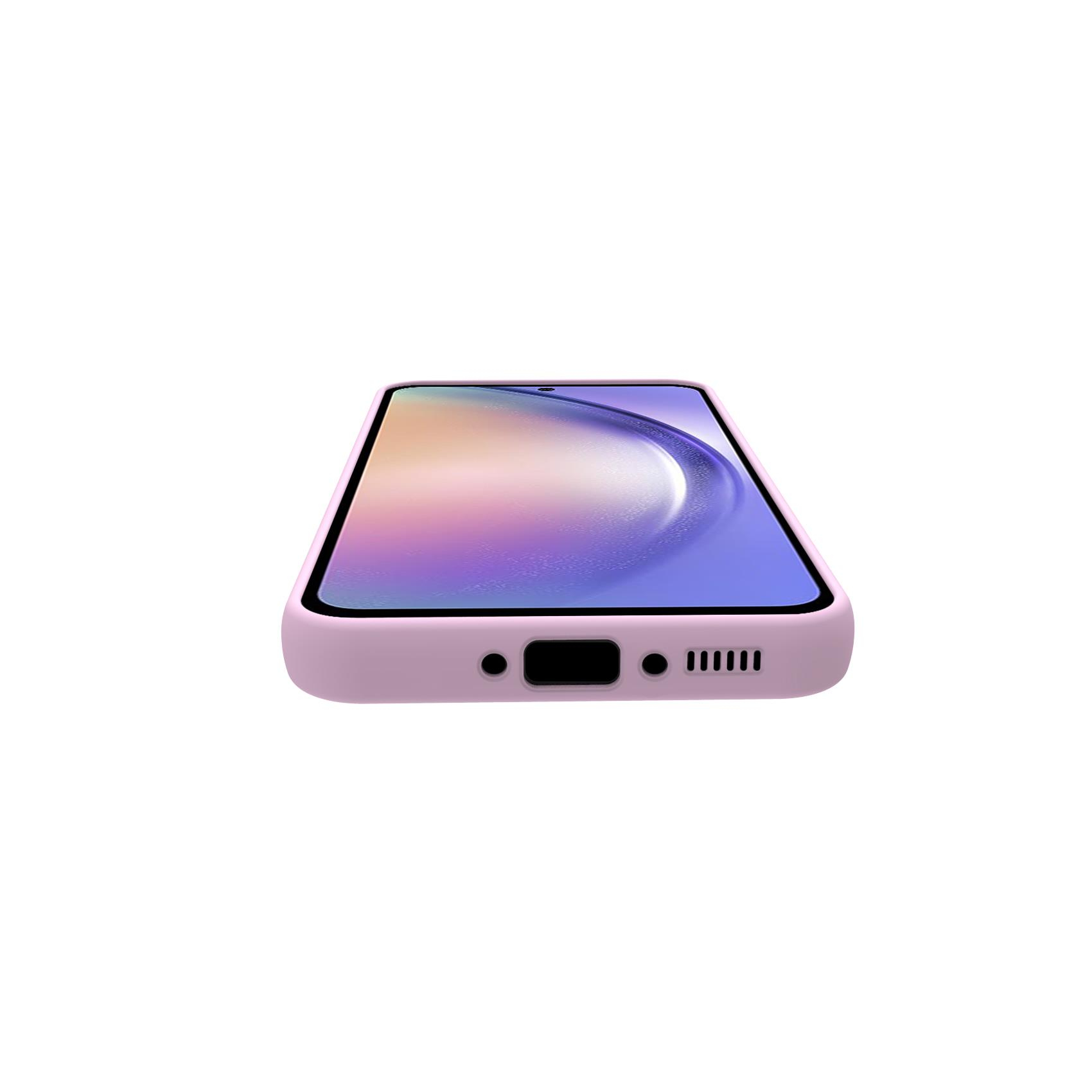 Una custodia rosa, che mostra la parte inferiore con porte di ricarica e altoparlante. Lo schermo del telefono è visibile.