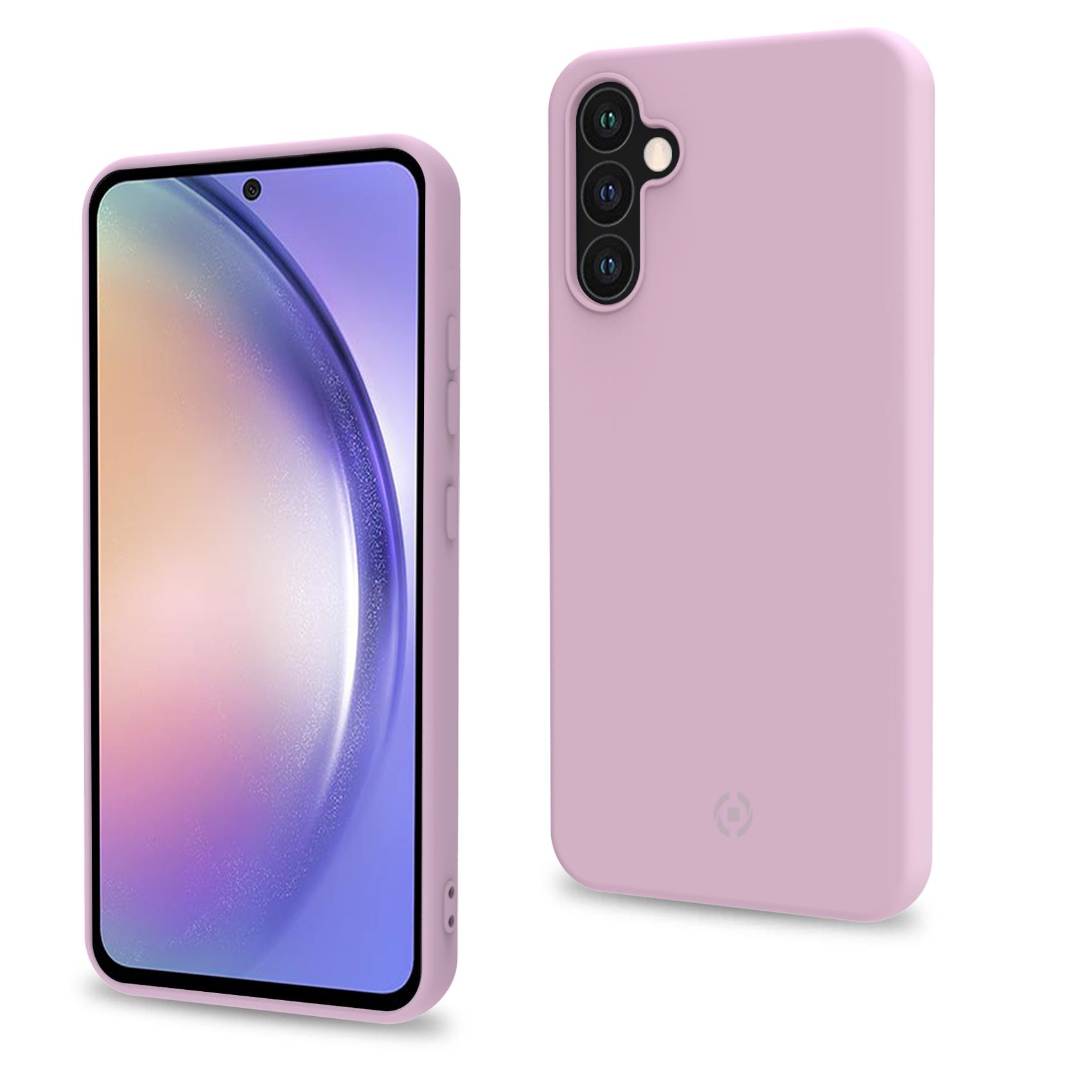 Una custodia rosa e un telefono con schermo sono in mostra. La custodia ha un ritaglio per la fotocamera.