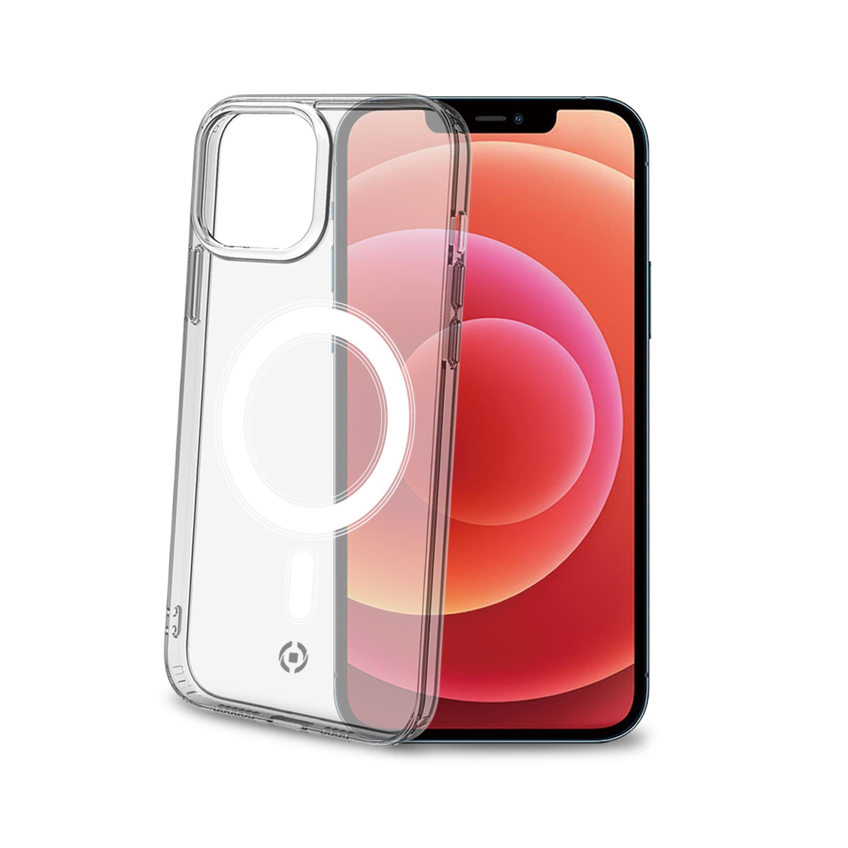 Una custodia trasparente su un telefono con schermo rosso. La custodia ha un design magnetico circolare.