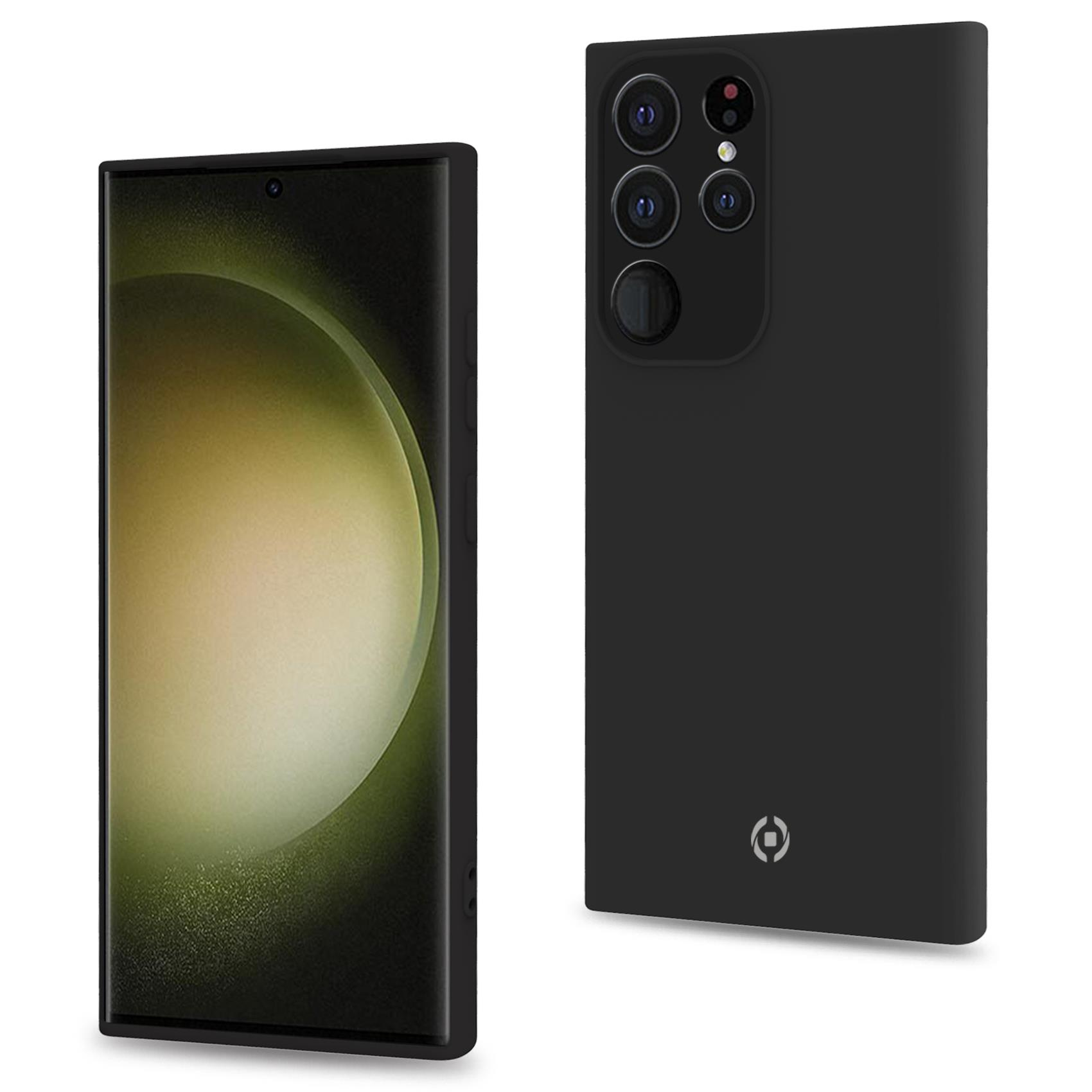 Schwarzes Telefon und Hülle. Schwarze Hülle mit drei Kameras.