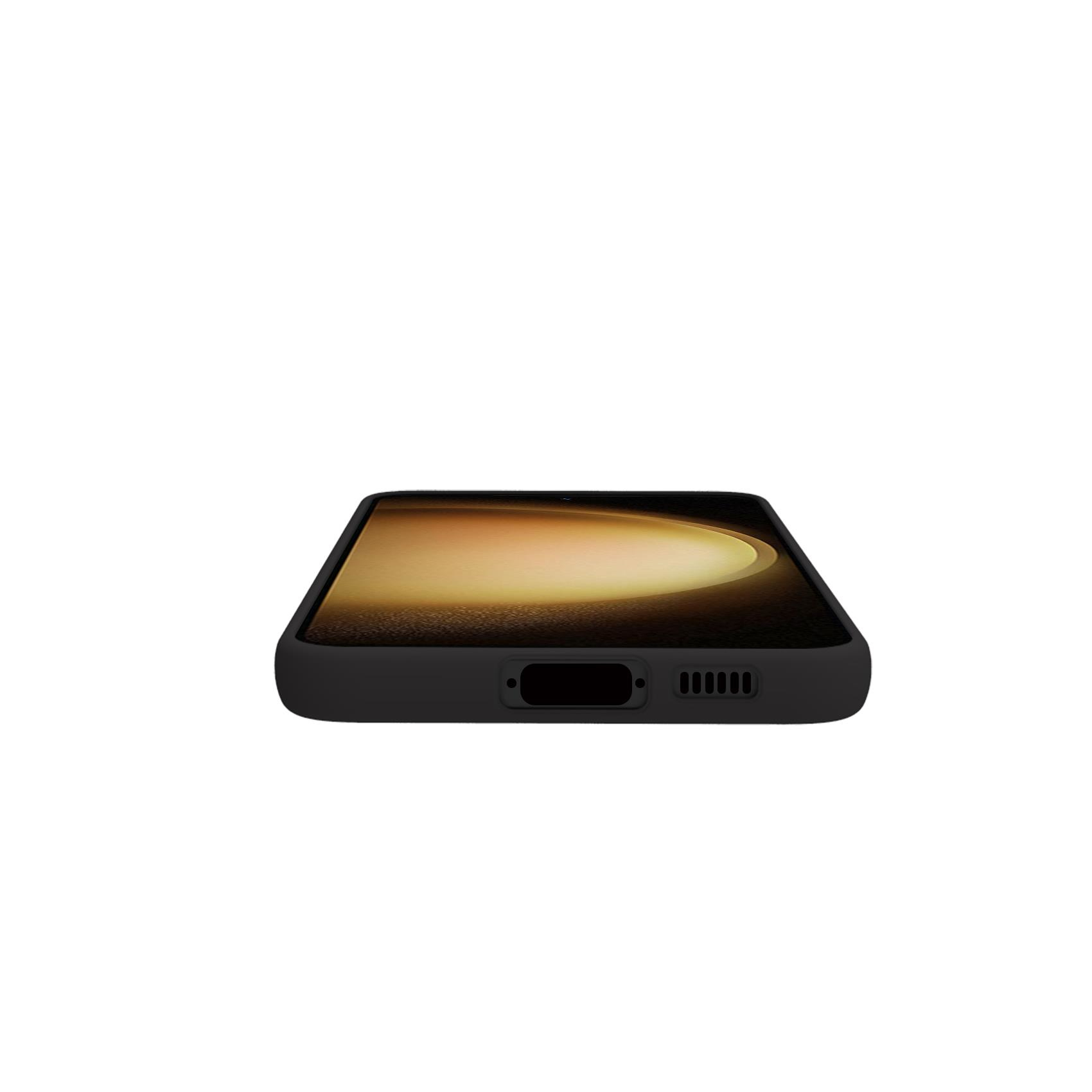 Schwarzes Smartphone von der Seite. Das Telefon hat ein goldenes Display.