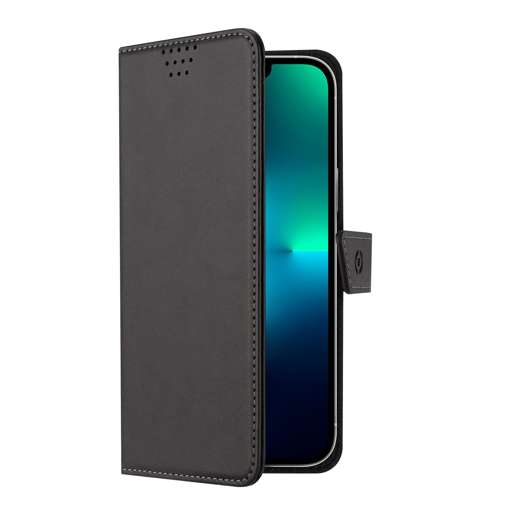 Una custodia nera per telefono con coperchio anteriore aperto. Il telefono ha uno schermo verde.
