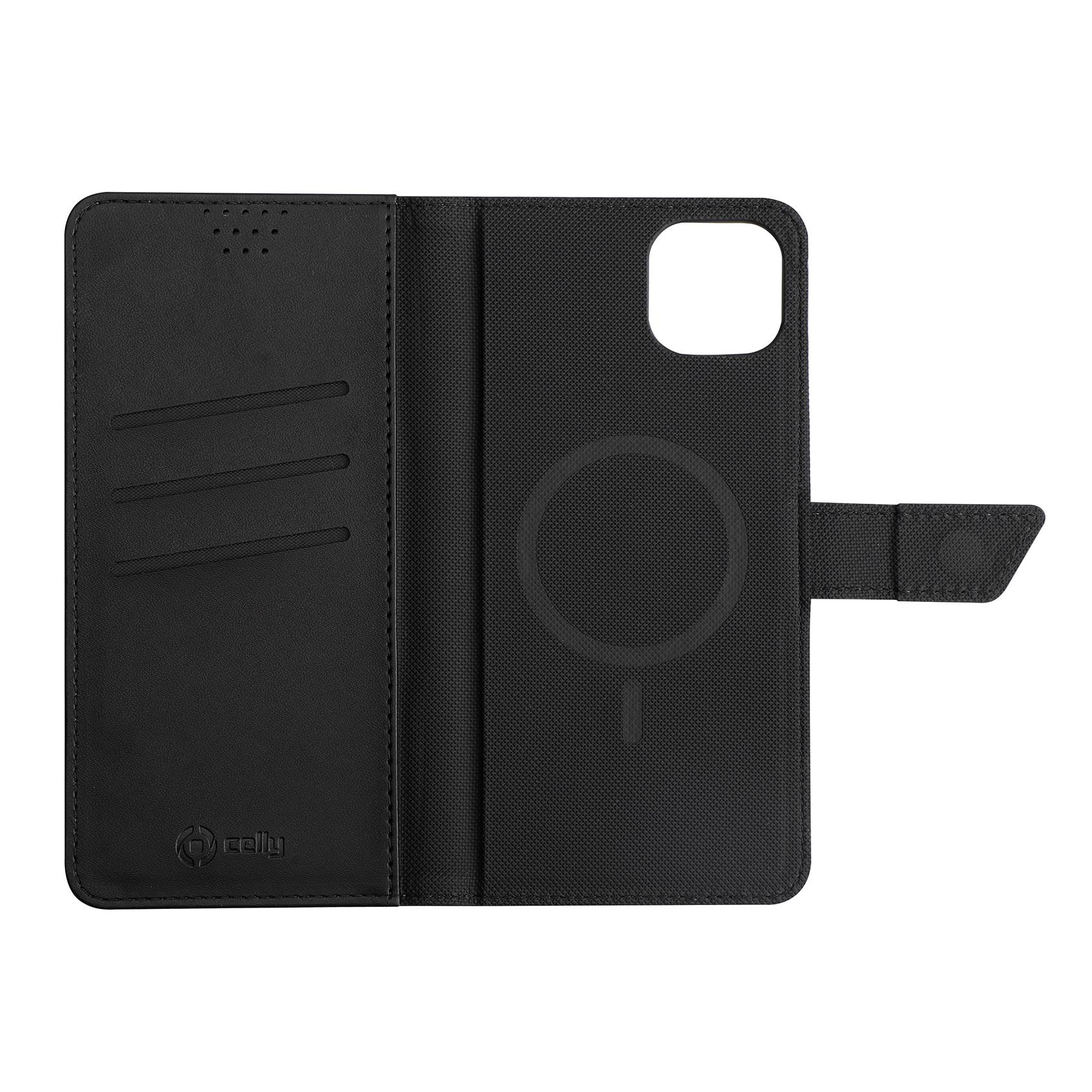 Una custodia per telefono nera, aperta, con uno slot per un telefono e un anello magnetico. Sfondo bianco.