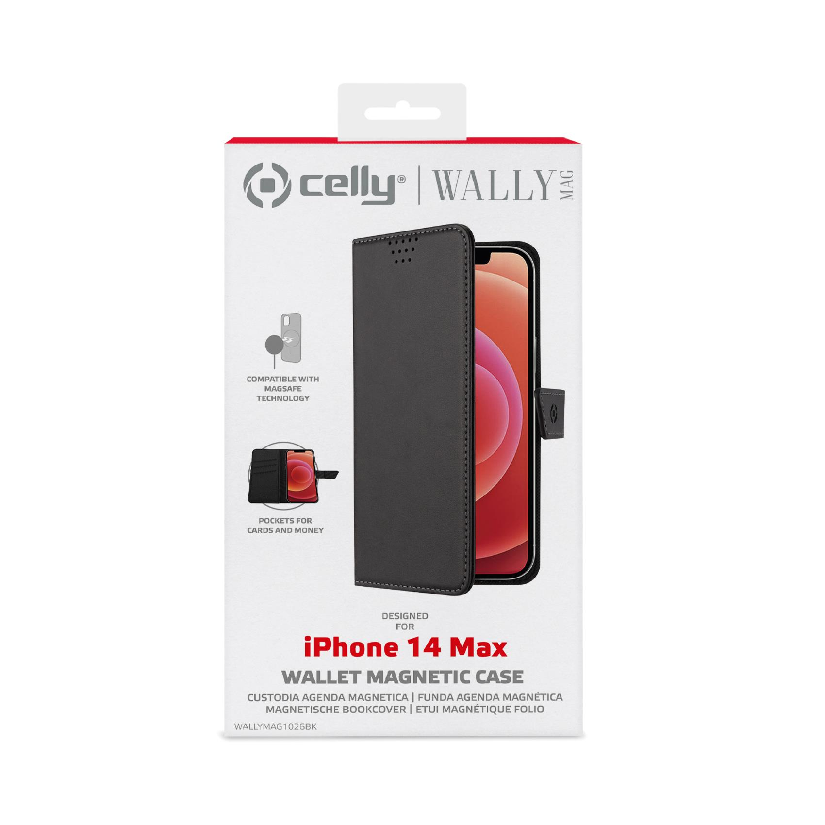 Custodia nera per telefono con telefono all'interno, confezione a sinistra. Per iPhone 14 Max.