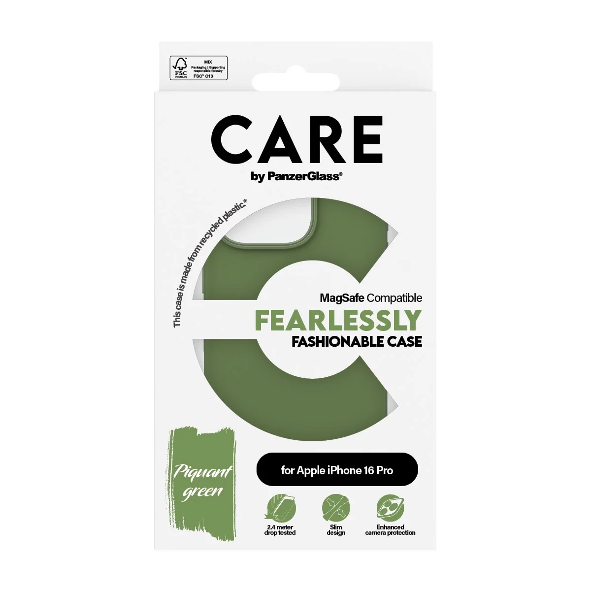 Scatola bianca con testo "CARE" e "Fearlessly Fashionable Case". Include immagine custodia verde.
