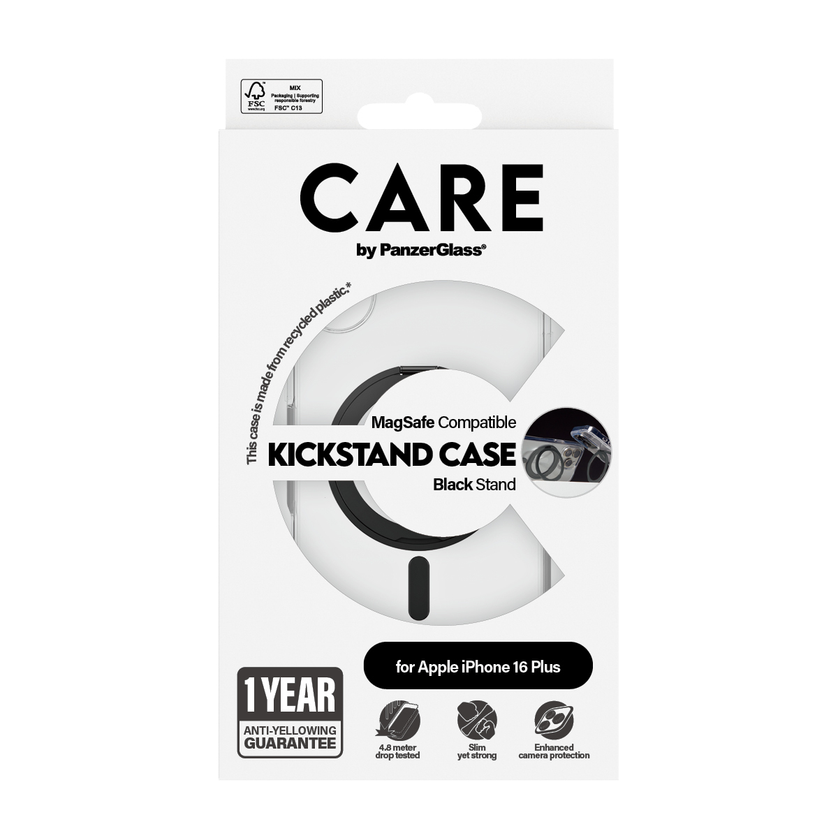 Scatola bianca con testo "CARE" e "Kickstand Case". Include immagine telefono e icone funzioni.