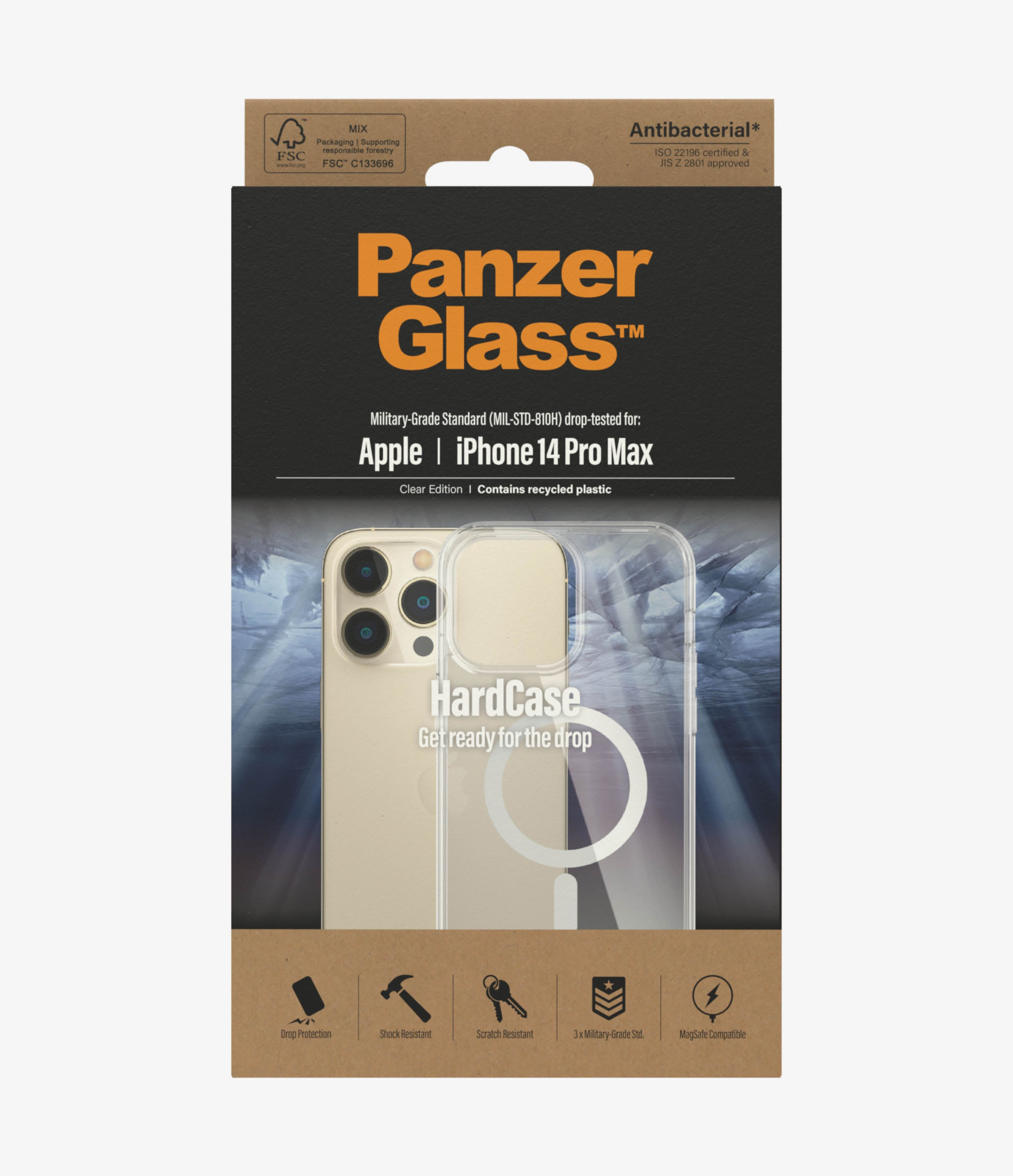 PanzerGlass logosu ve şeffaf telefon kılıfı görüntüsü olan kutu. Metin, düşmeye karşı koruma ve askeri sınıf içerir.
