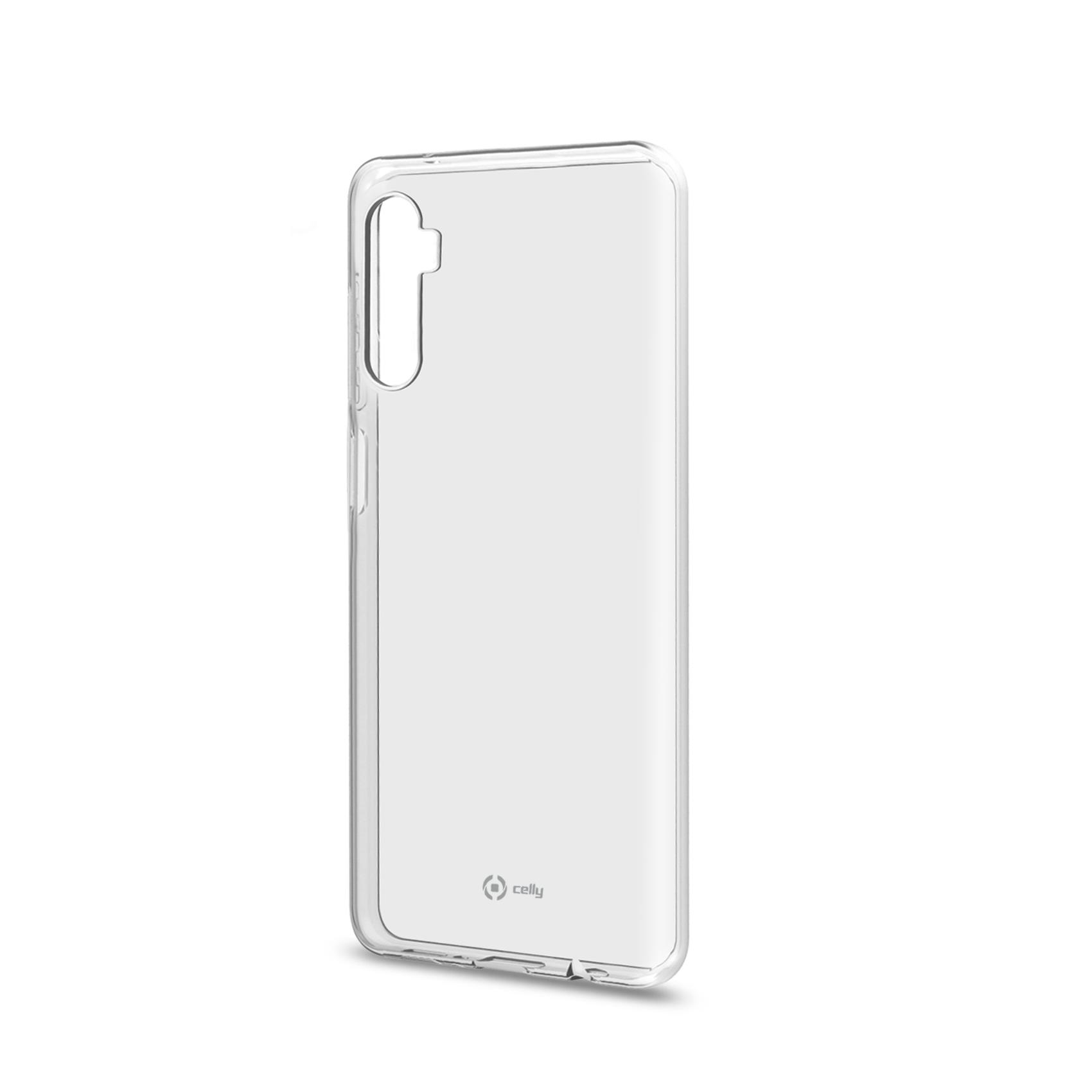 Transparente Handyhülle. Die Hülle hat einen offenen Bereich für die Kamera und ein Celly-Logo.
