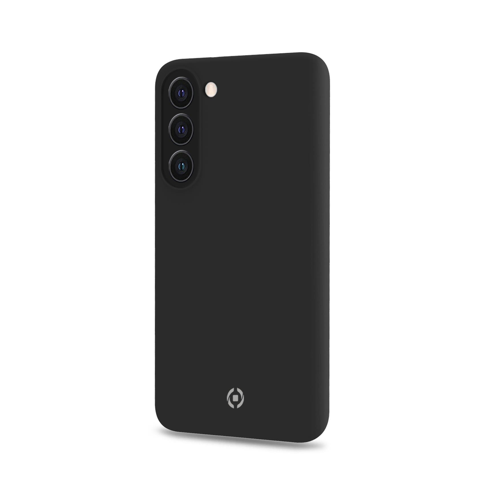 Una custodia nera per telefono con logo e tre fori per la fotocamera.