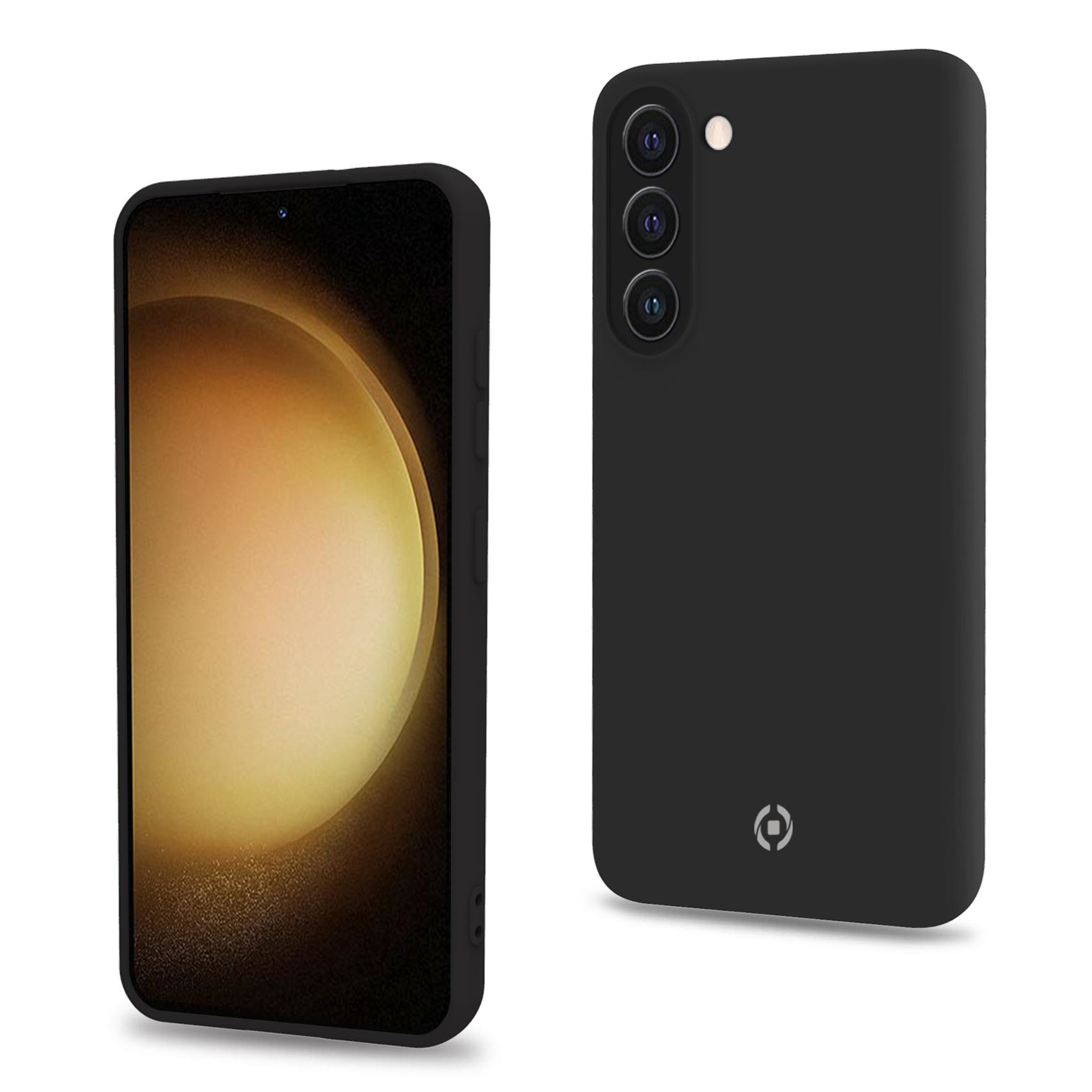 Custodia nera con telefono. Lo schermo mostra un design circolare dorato. La custodia ha tre fotocamere.