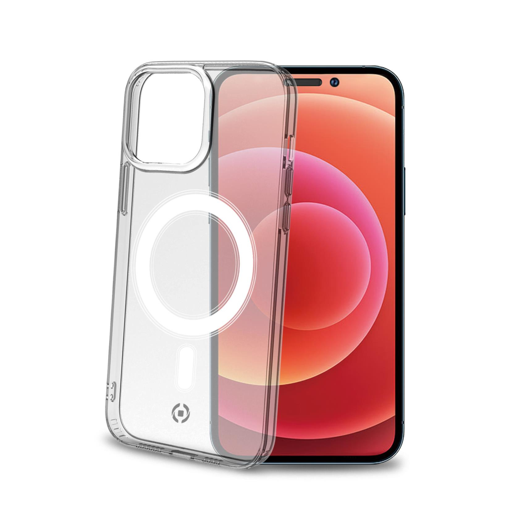 Una custodia trasparente per telefono accanto a un telefono con sfondo arancione.