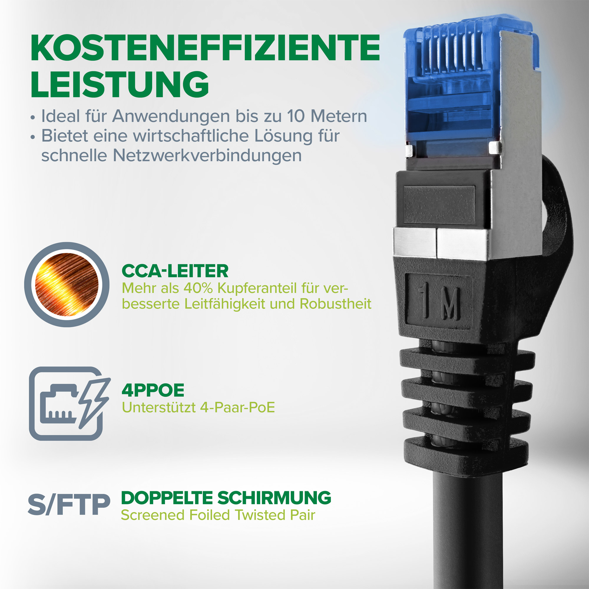 Zbliżenie kabla Ethernet z niebieskim złączem i tekstem.