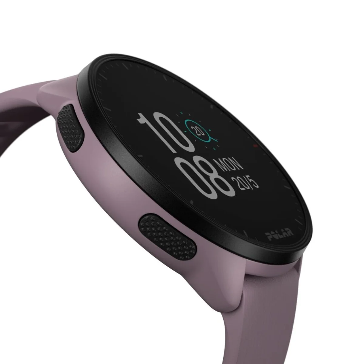 Fioletowy smartwatch Polar z wyświetlaną godziną. Czarny pasek.