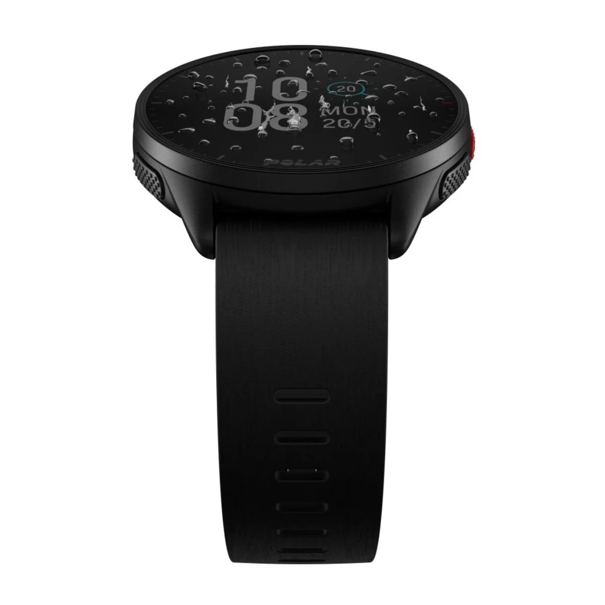 Czarny smartwatch Polar z wyświetlaczem cyfrowym. Krople wody na ekranie.