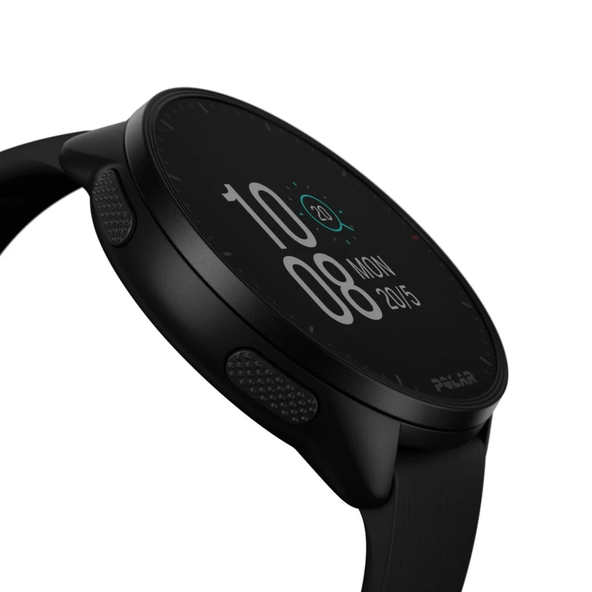 Czarny smartwatch Polar z wyświetlaną godziną. Czarny pasek.