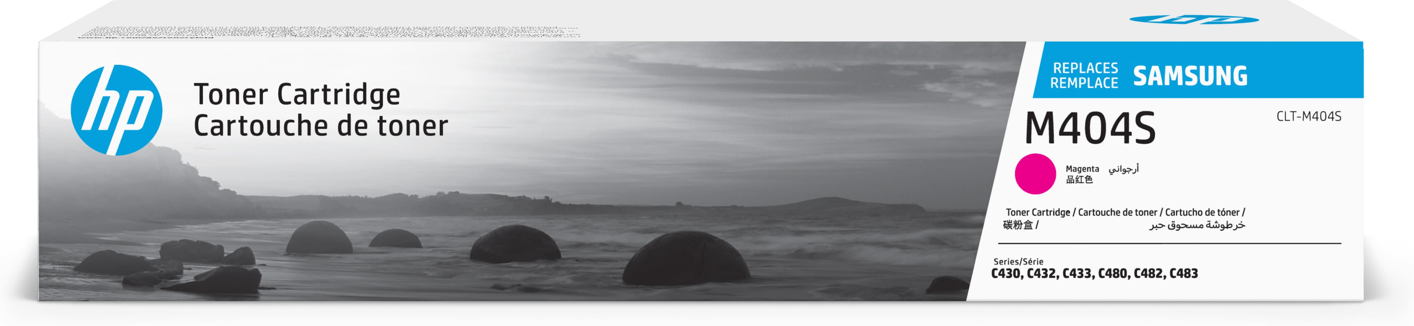 Scatola di cartuccia toner magenta HP, con una scena di spiaggia e un indicatore di colore magenta.