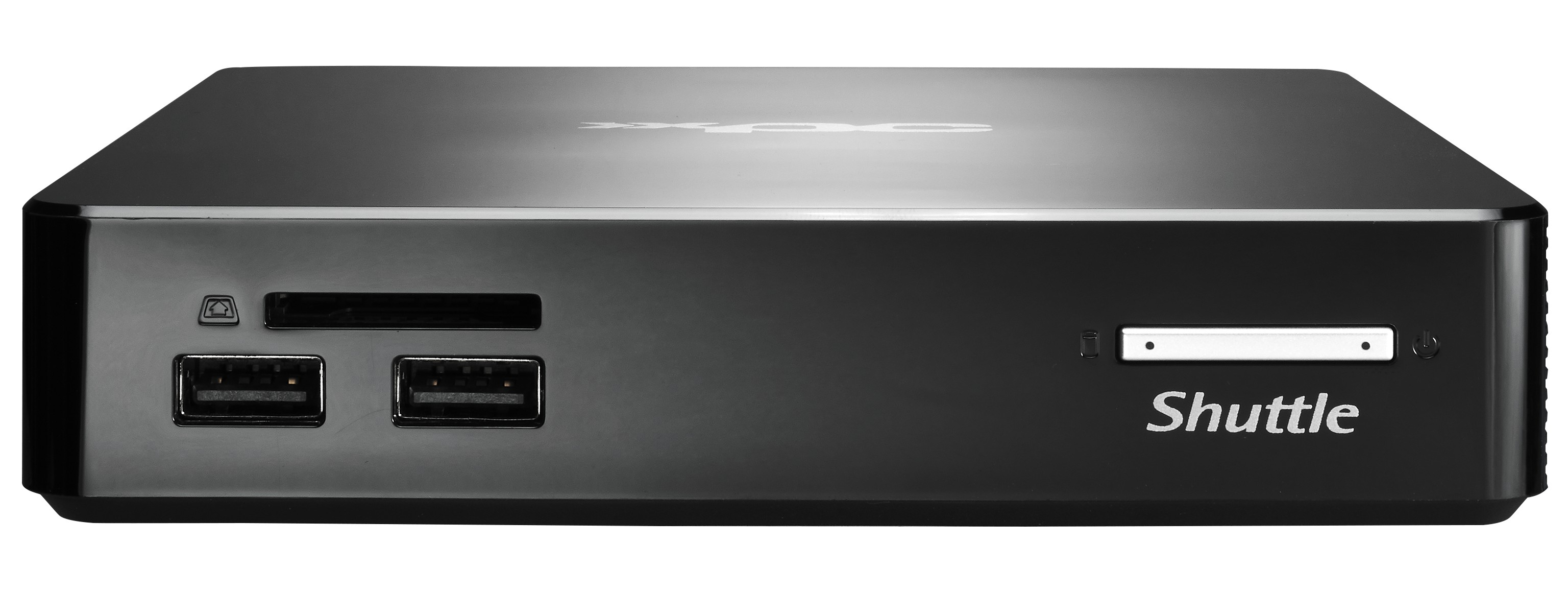 Ordenador negro Shuttle. El frontal tiene dos puertos USB, un lector de tarjetas y el logo 'Shuttle'.