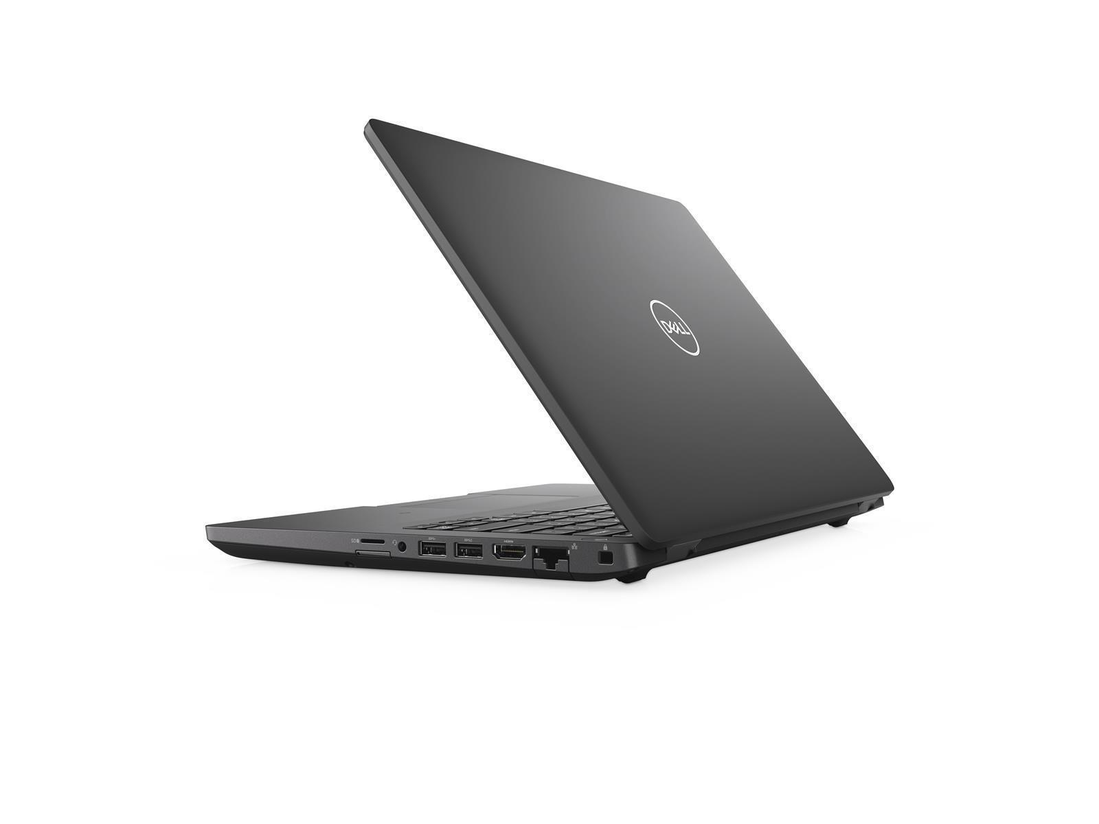 Schwarzer Dell-Laptop, angewinkelt geöffnet. Zeigt Anschlüsse und Seiten. Dell-Logo auf dem Deckel.