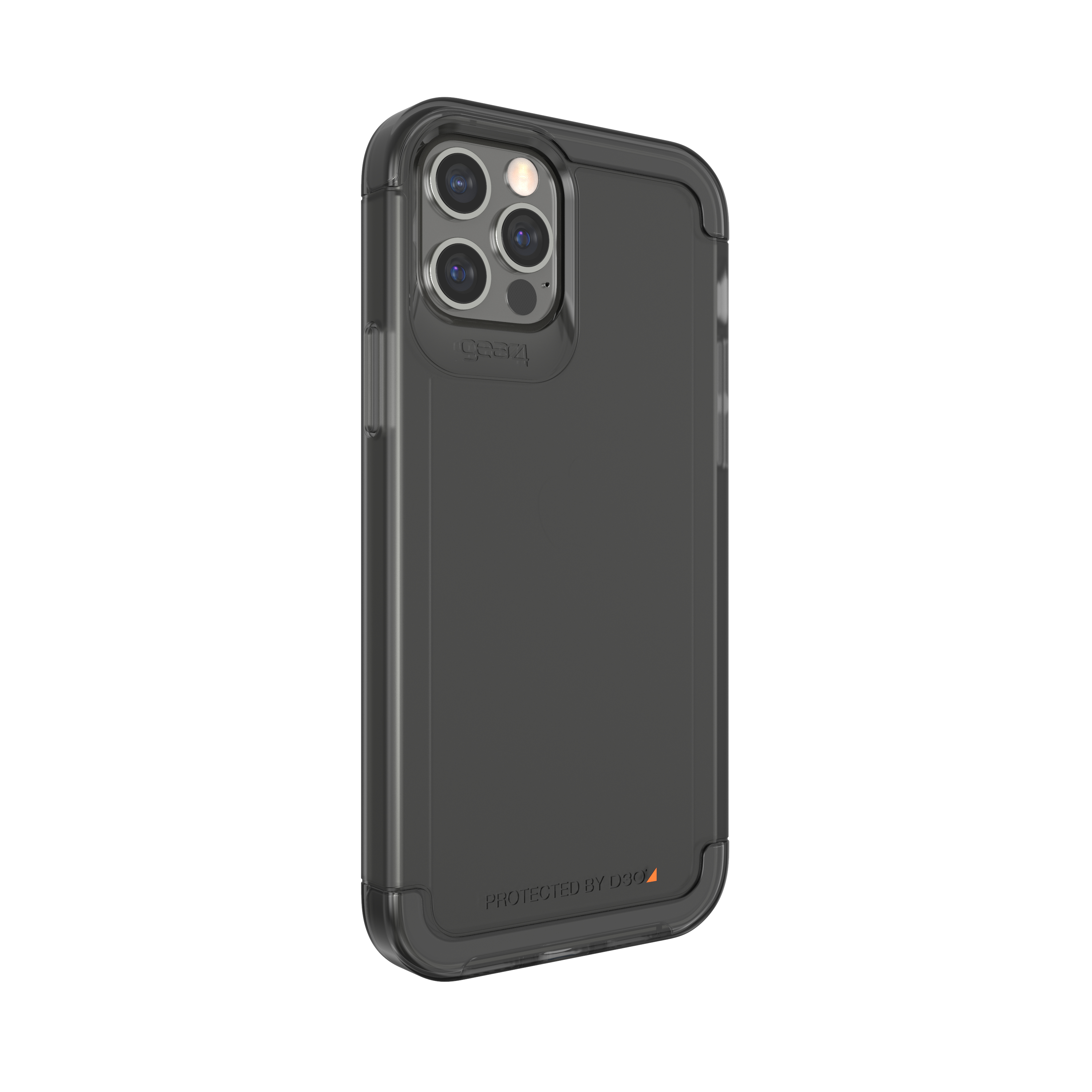 Schwarz-transparente Handyhülle mit Kamera, Markenlogo und 'Protected by D3O'-Text.