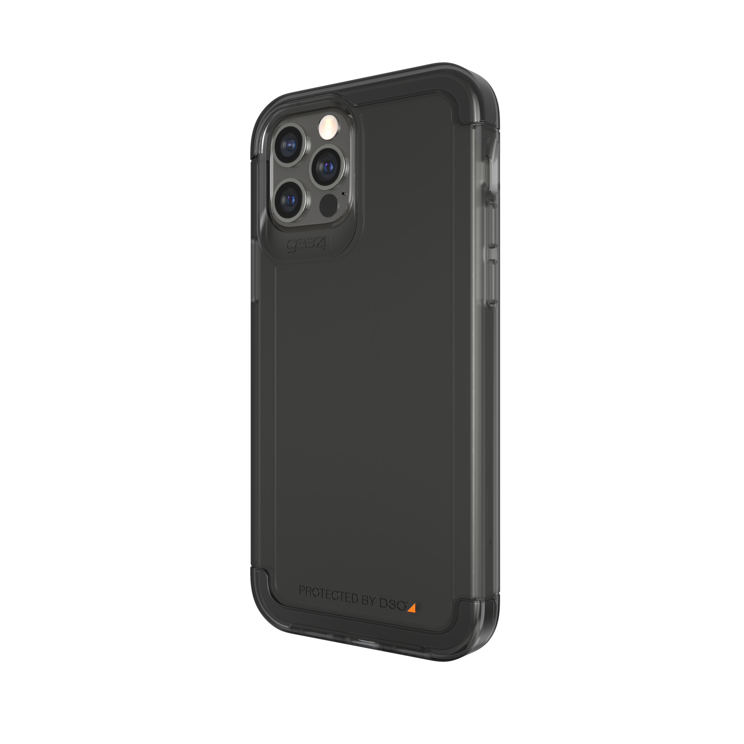 Schwarz-transparente Handyhülle mit Kamera, Markenlogo und 'Protected by D3O' Text.