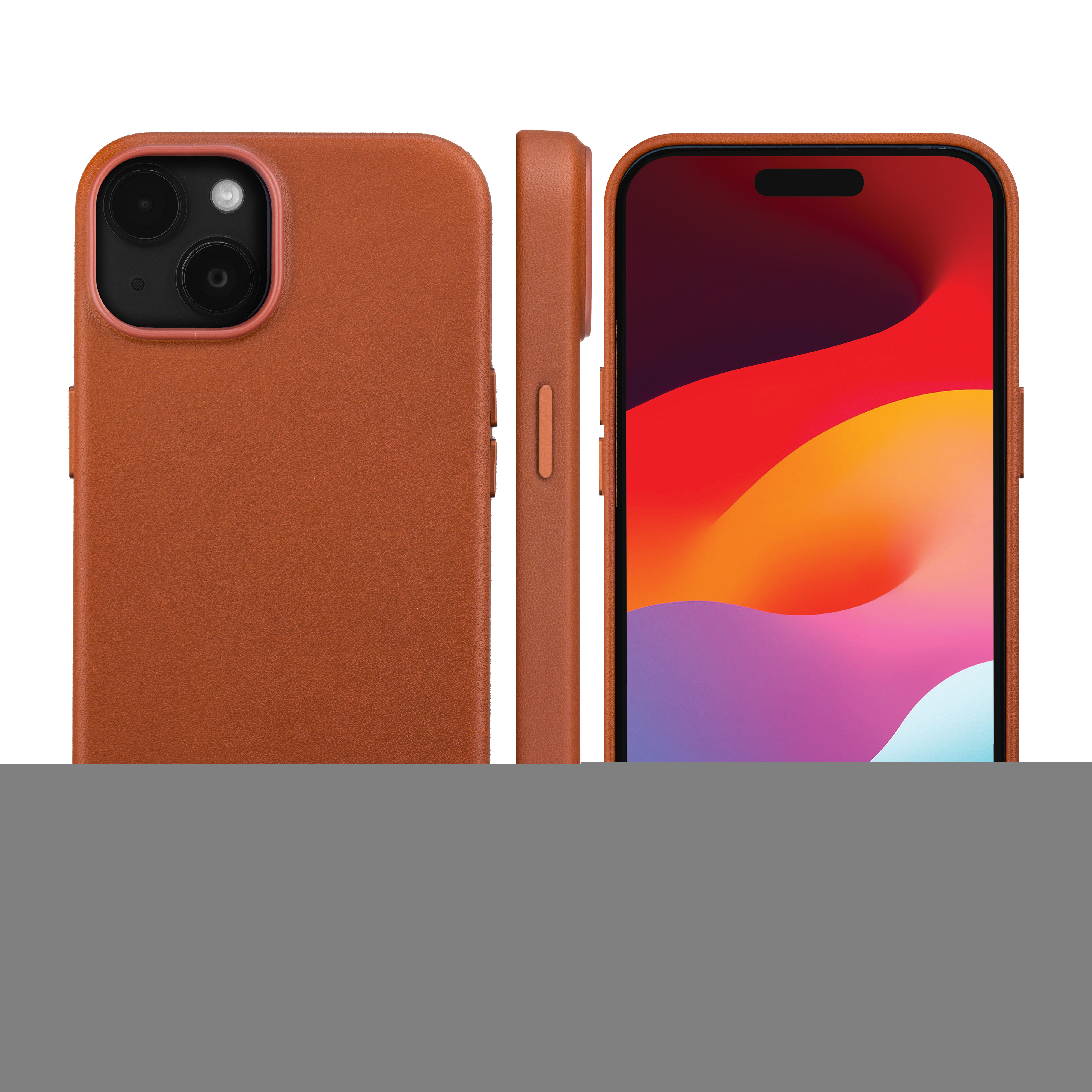 Custodia in pelle marrone con telefono, che mostra lo schermo.