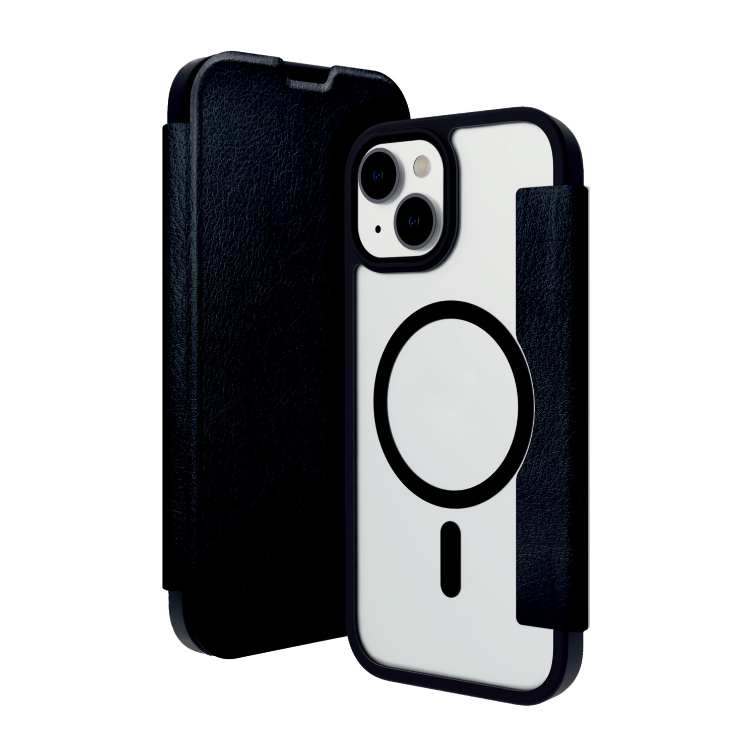 Custodia in pelle nera con telefono bianco, incluso cerchio magnetico.