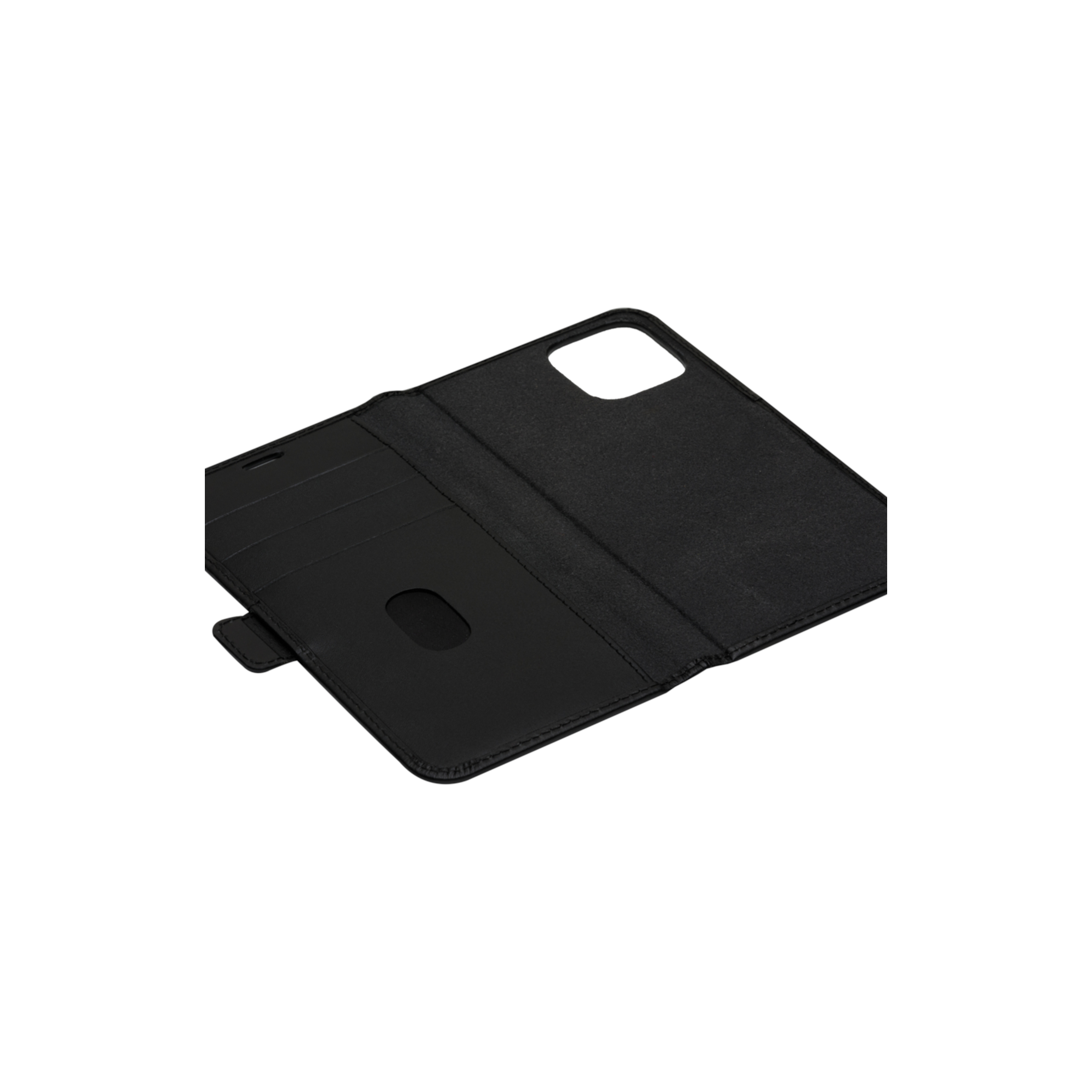 Custodia in pelle nera aperta con fessure per carte visibili.