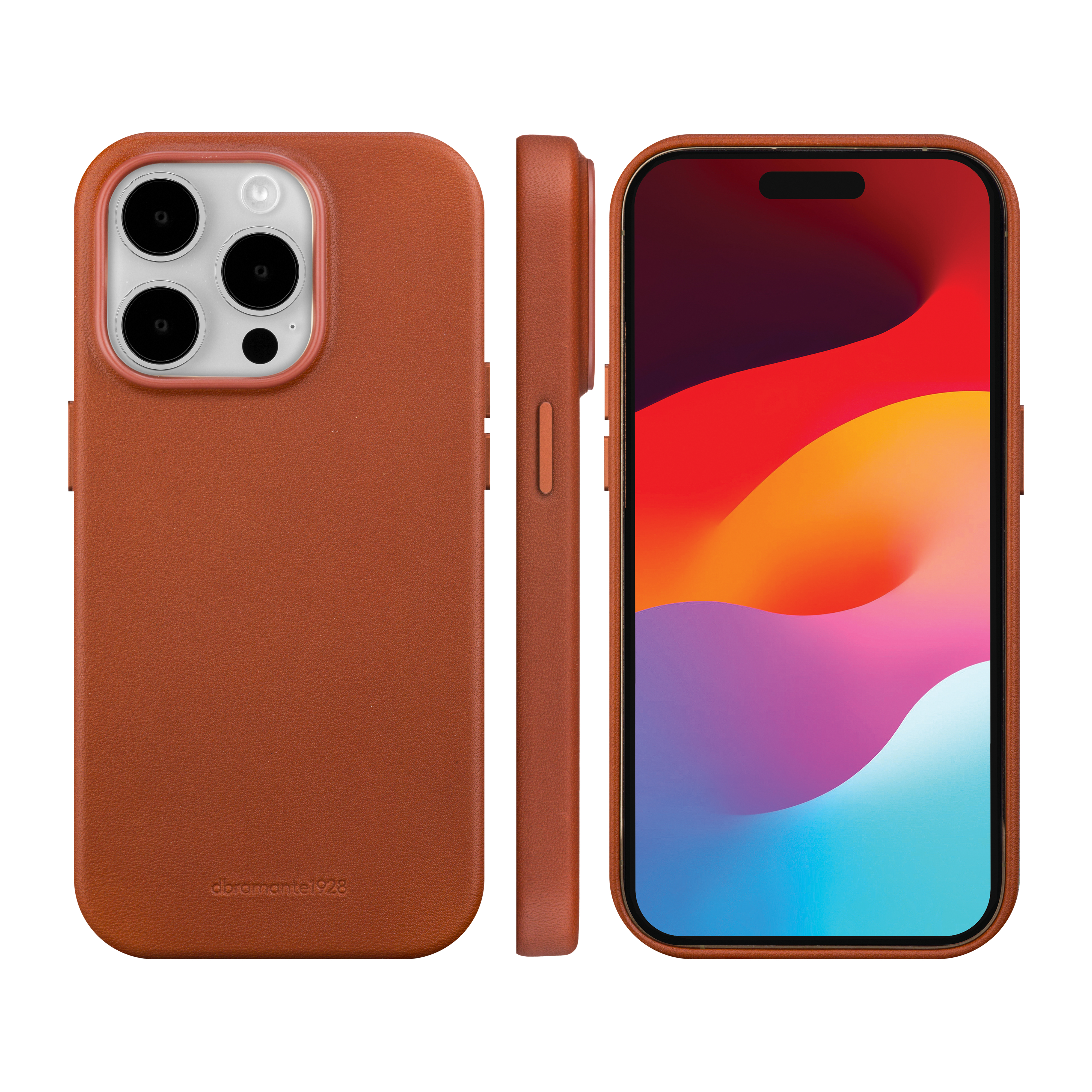 Tre viste di una custodia per telefono in pelle marrone. Il display del telefono mostra arte astratta colorata.