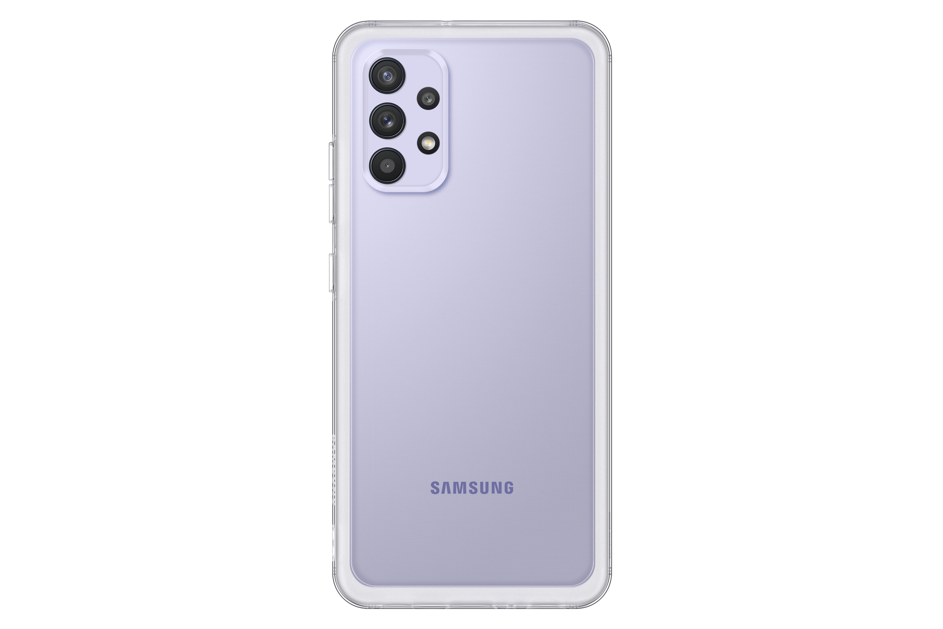 Rückansicht eines lila Telefons in einer transparenten Hülle. SAMSUNG-Logo unten.