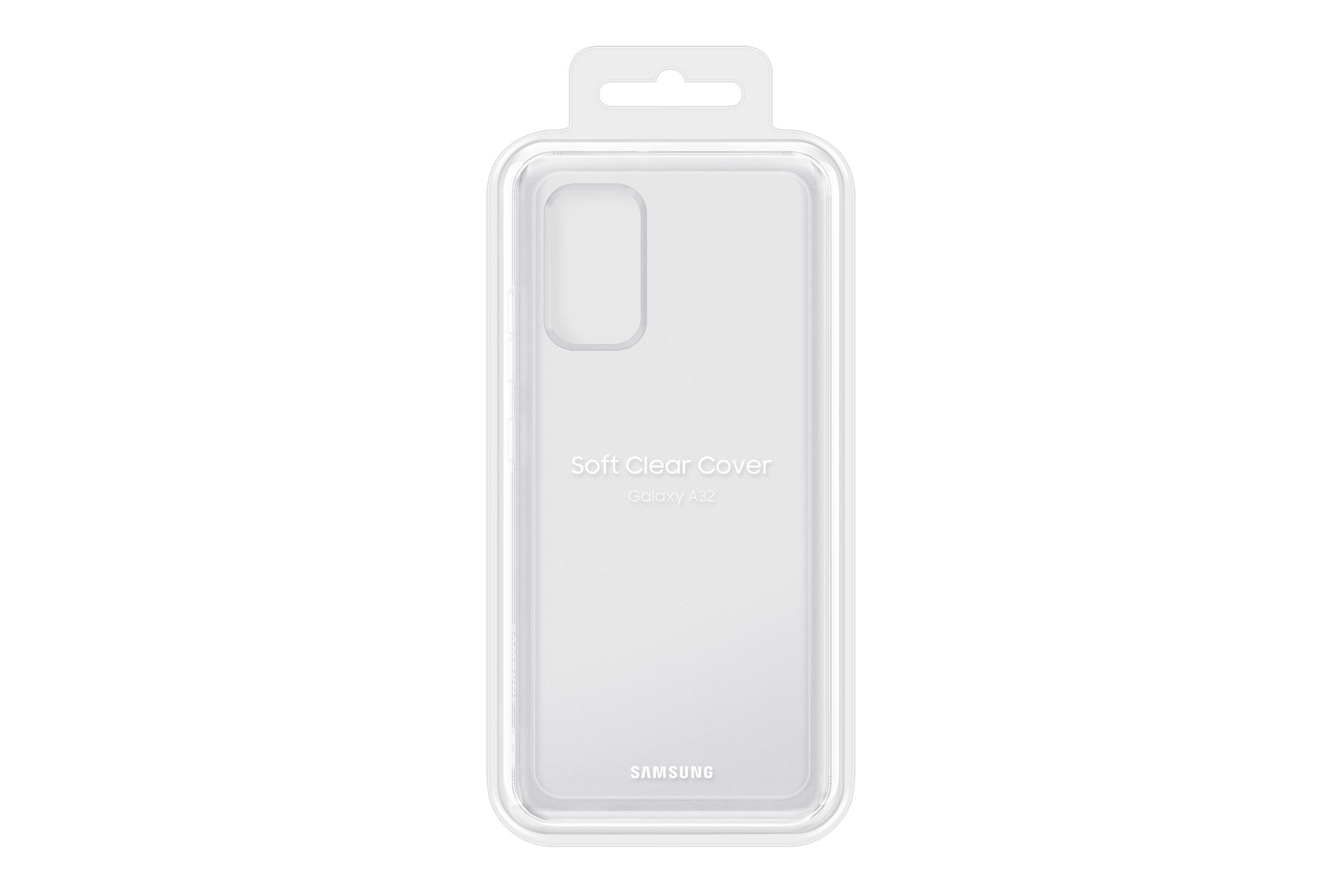 Transparente Handyhülle in Verpackung. Die Verpackung ist weiß und zeigt einen Telefonumriss.