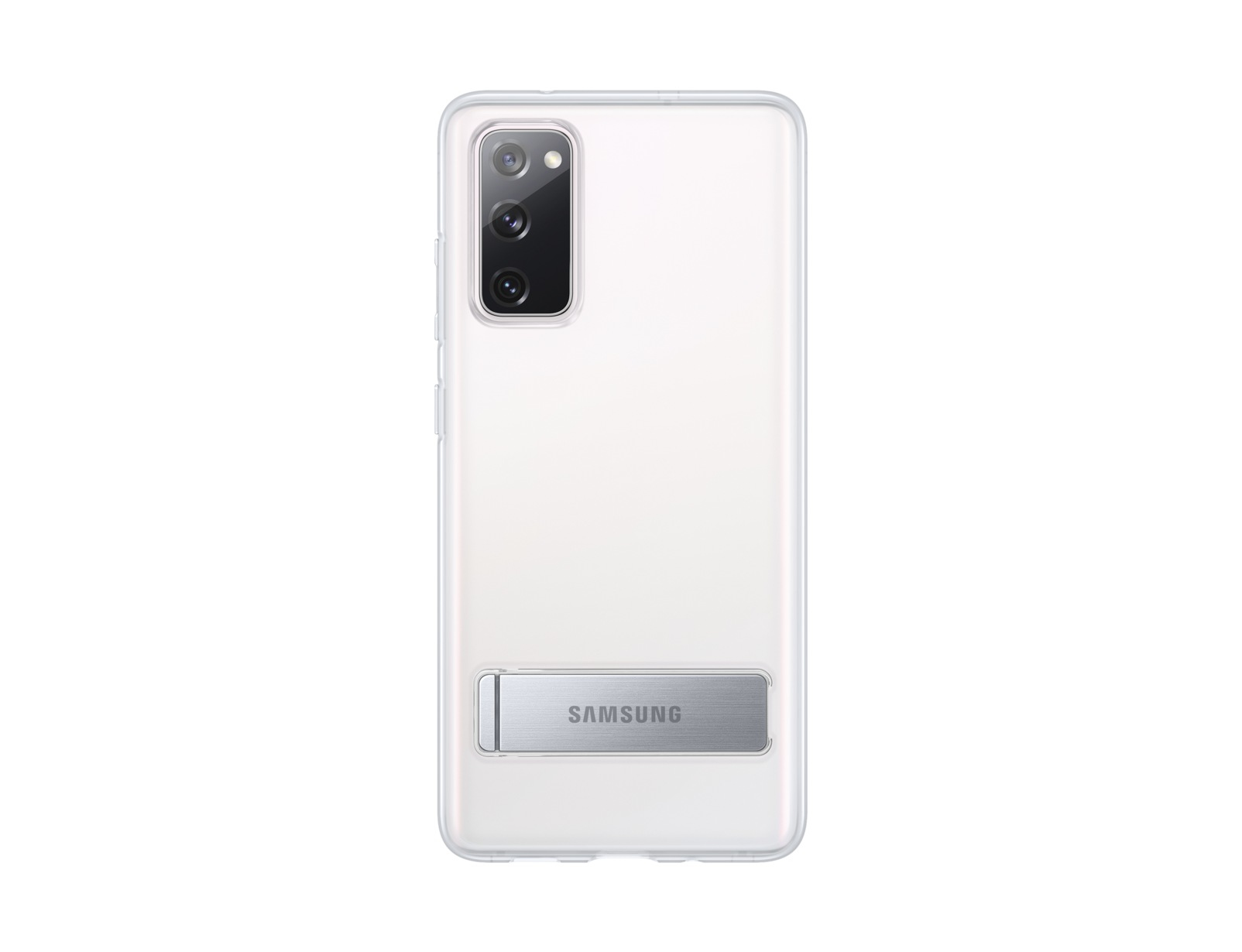 Eine transparente Handyhülle mit Ständer wird präsentiert. Die Rückseite des Telefons ist sichtbar, mit dem Samsung-Logo.