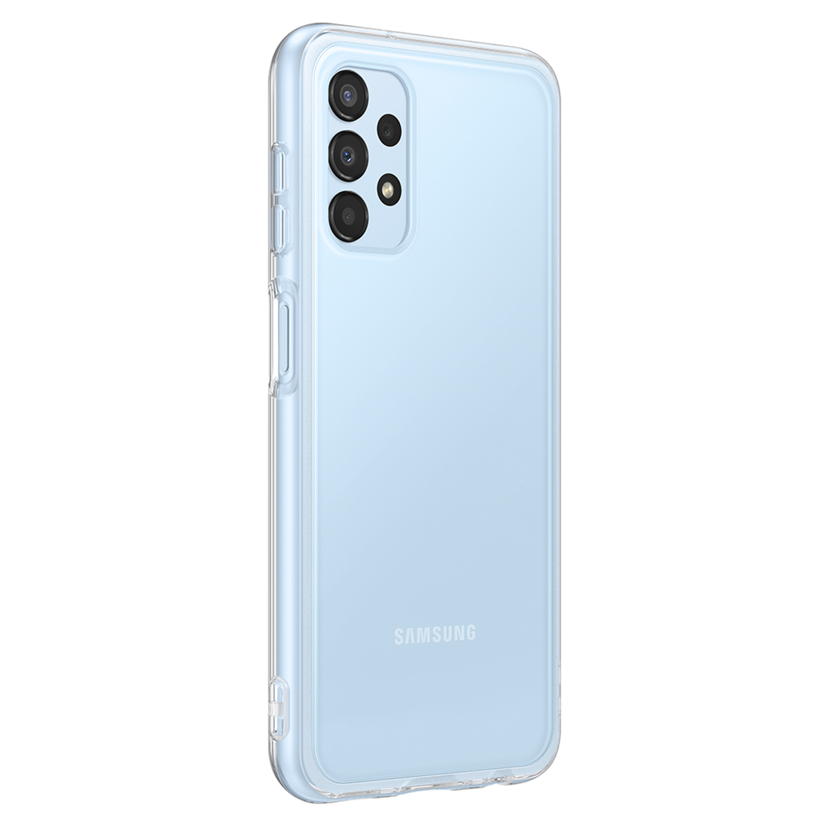 Light blue phone in a clear case. The back of the phone is visible. It has three cameras.