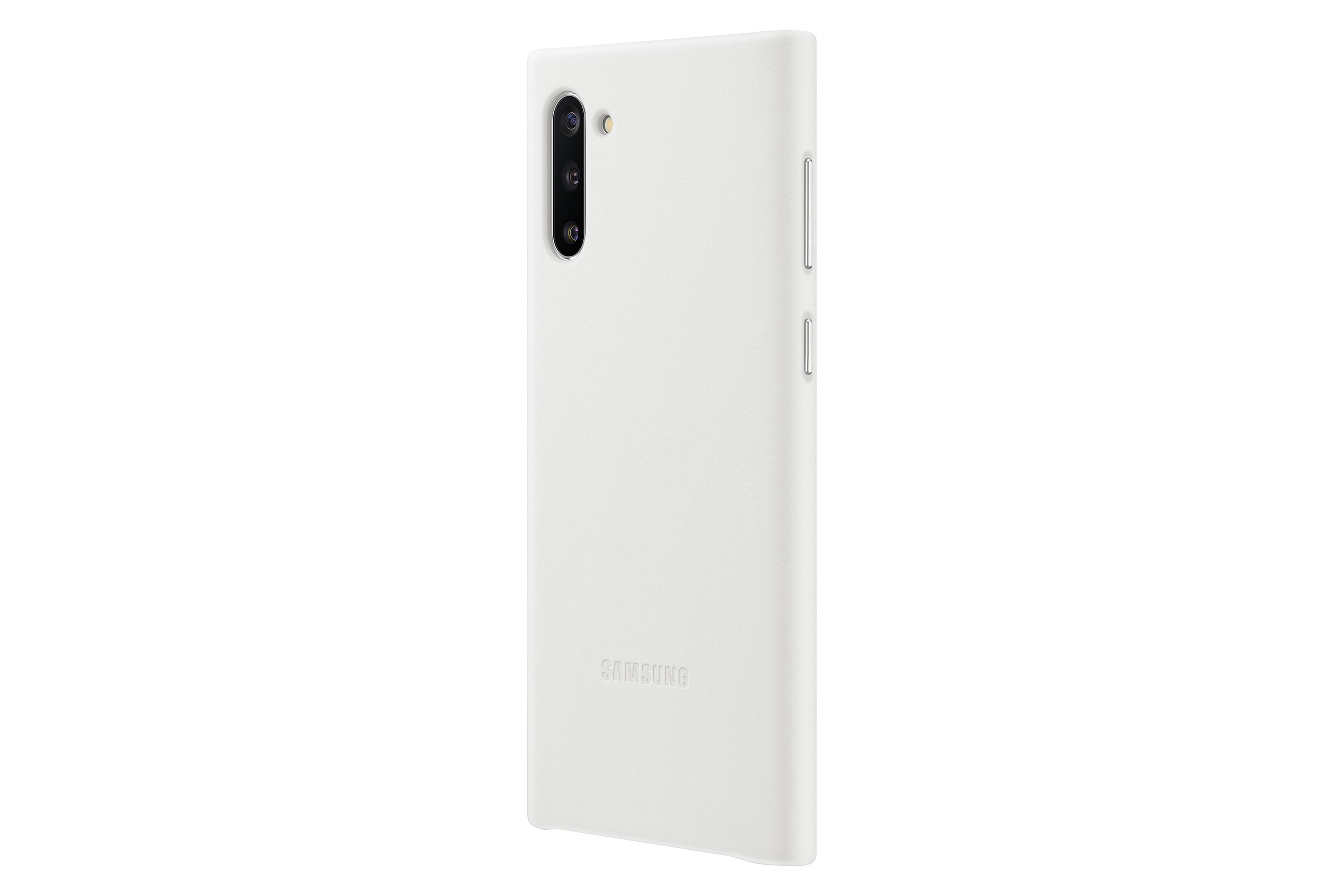 Funda blanca para un Samsung Note 10 con recortes para cámara y botones laterales.