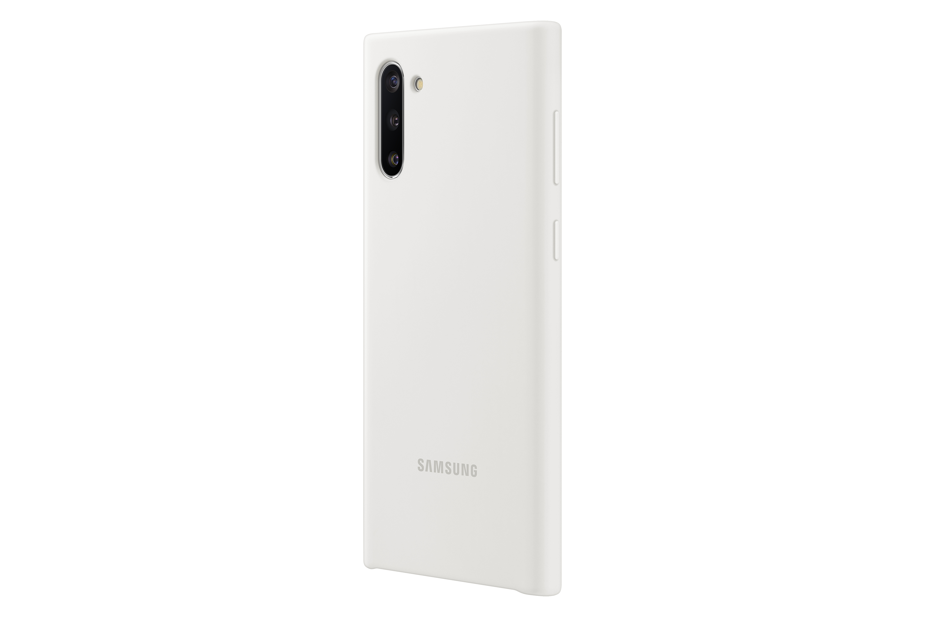 Weiße Handyhülle für ein Samsung Note 10 mit Kamera- und Seitentastenaussparungen.