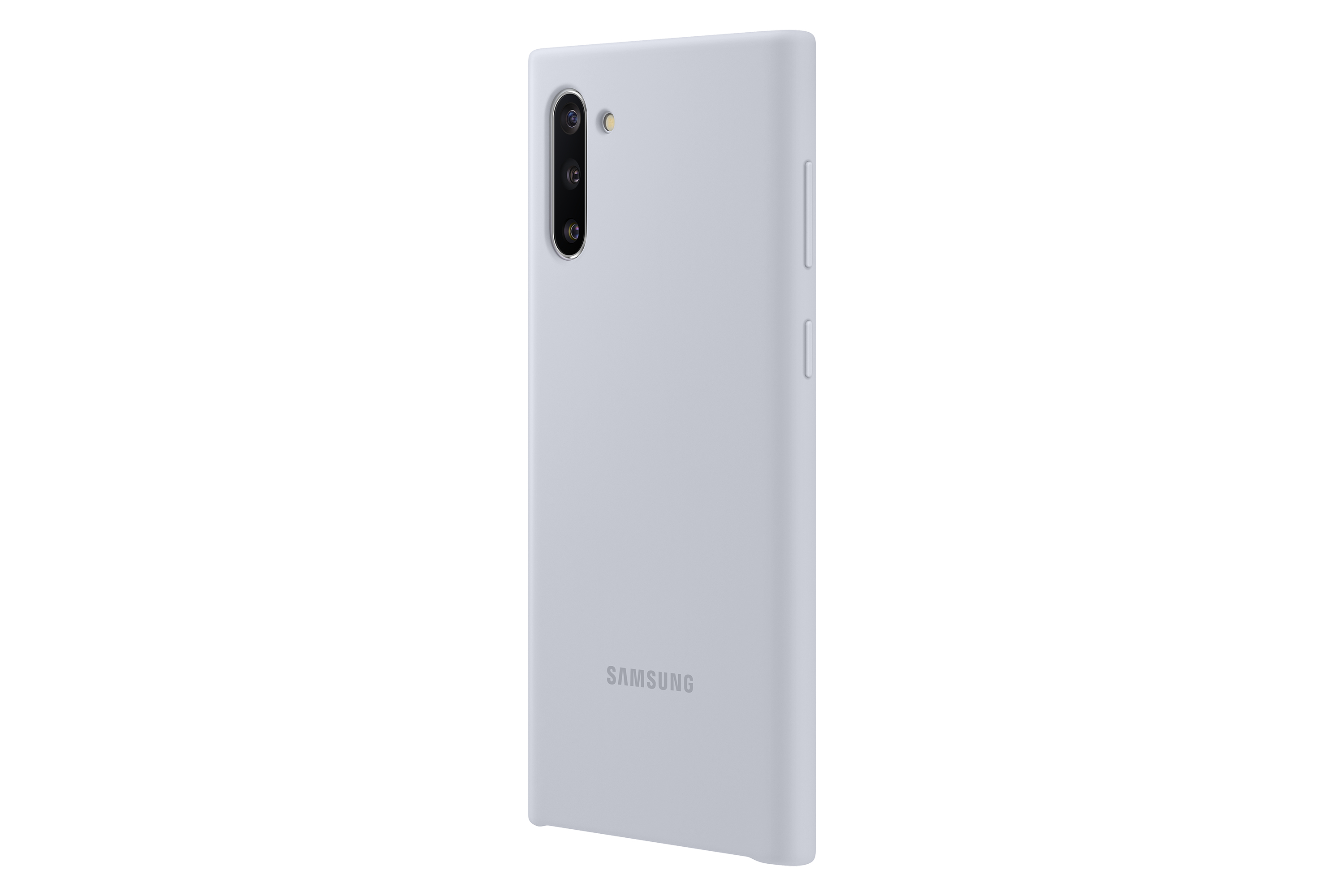 Una custodia per telefono Samsung grigio chiaro. La custodia ha un ritaglio per la fotocamera. La parola Samsung è stampata sopra.