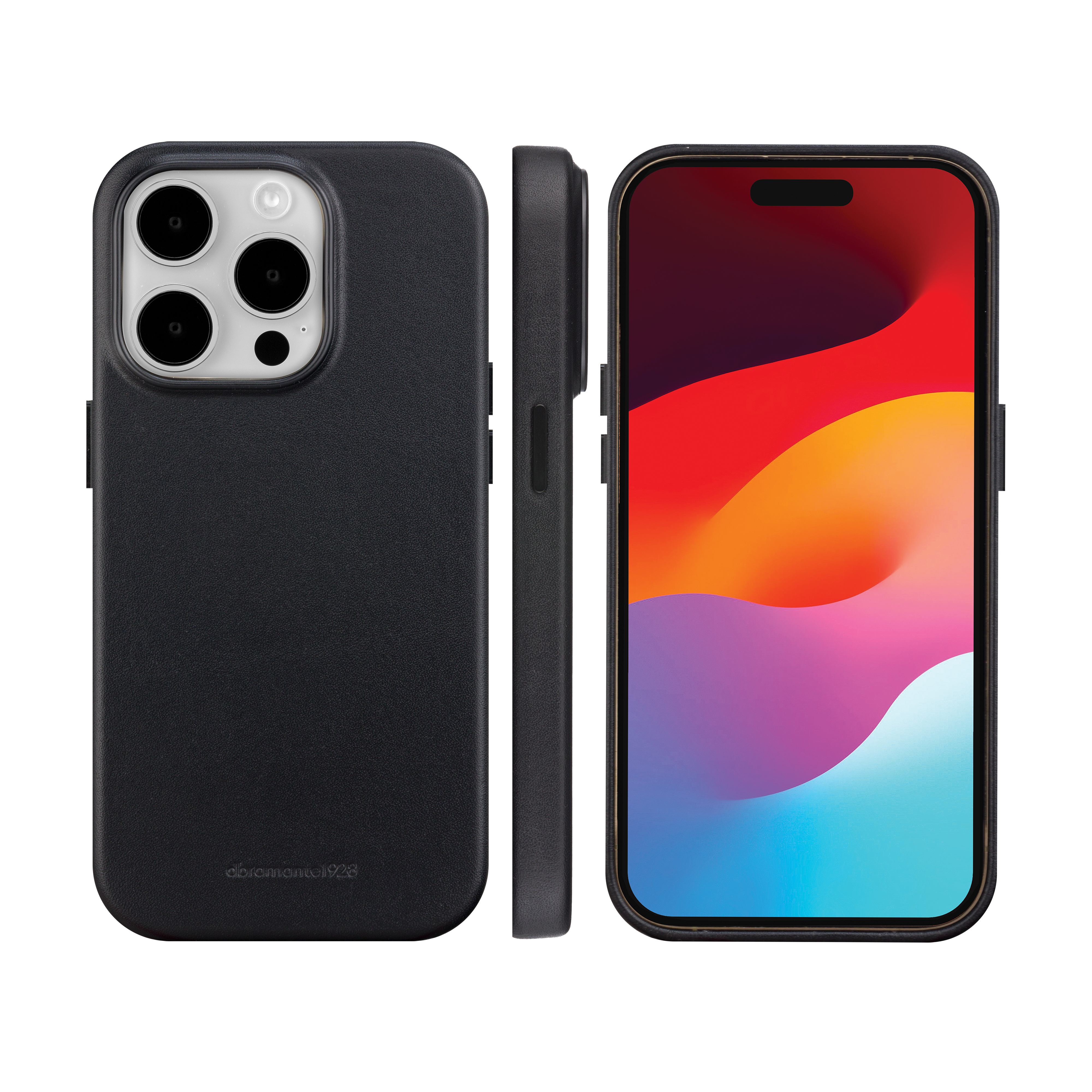 Custodia nera per telefono con telefono nero all'interno. Il telefono ha tre fotocamere e uno schermo colorato.
