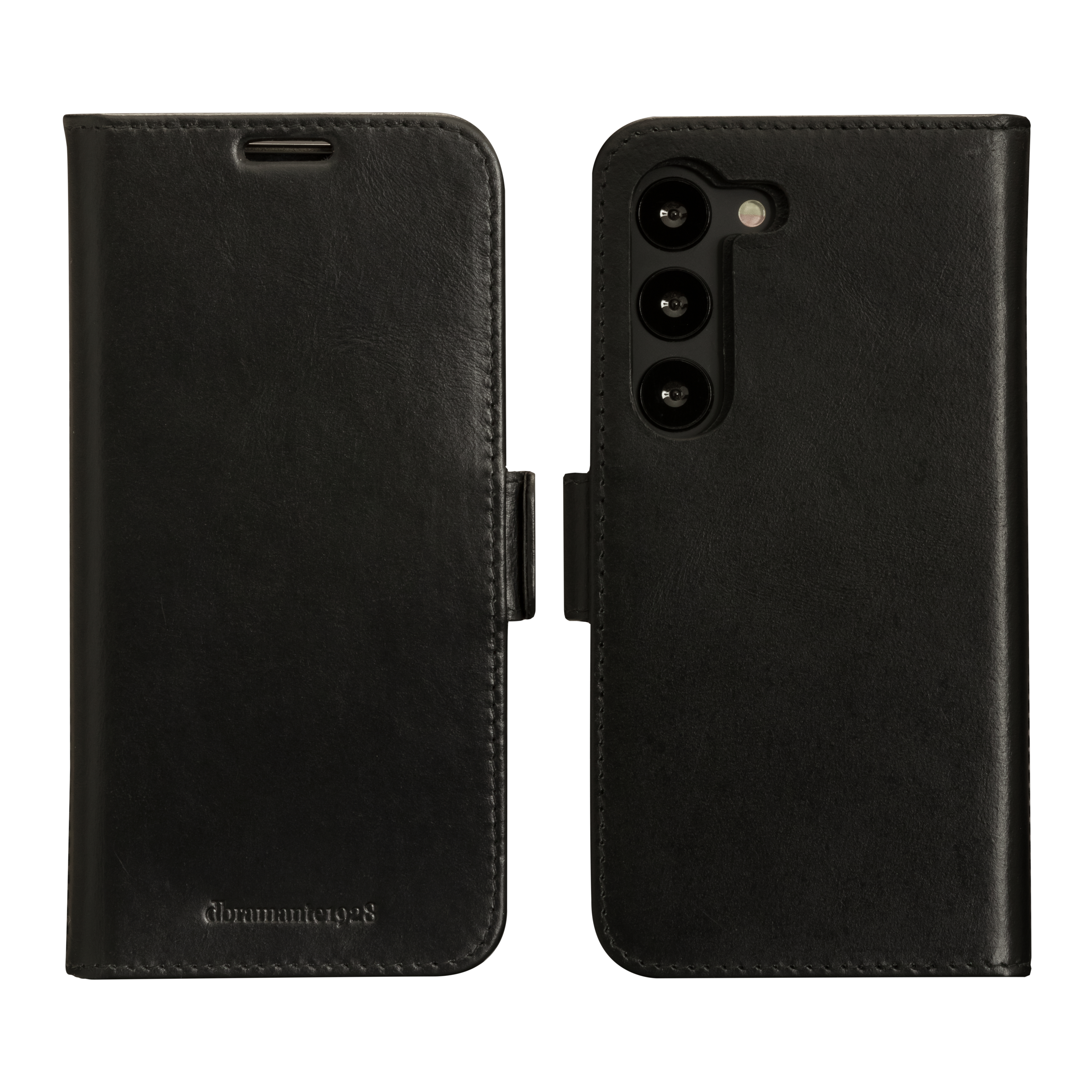 Custodia per telefono nera, con copertura in pelle, chiusa e aperta, con telefono all'interno, isolata.