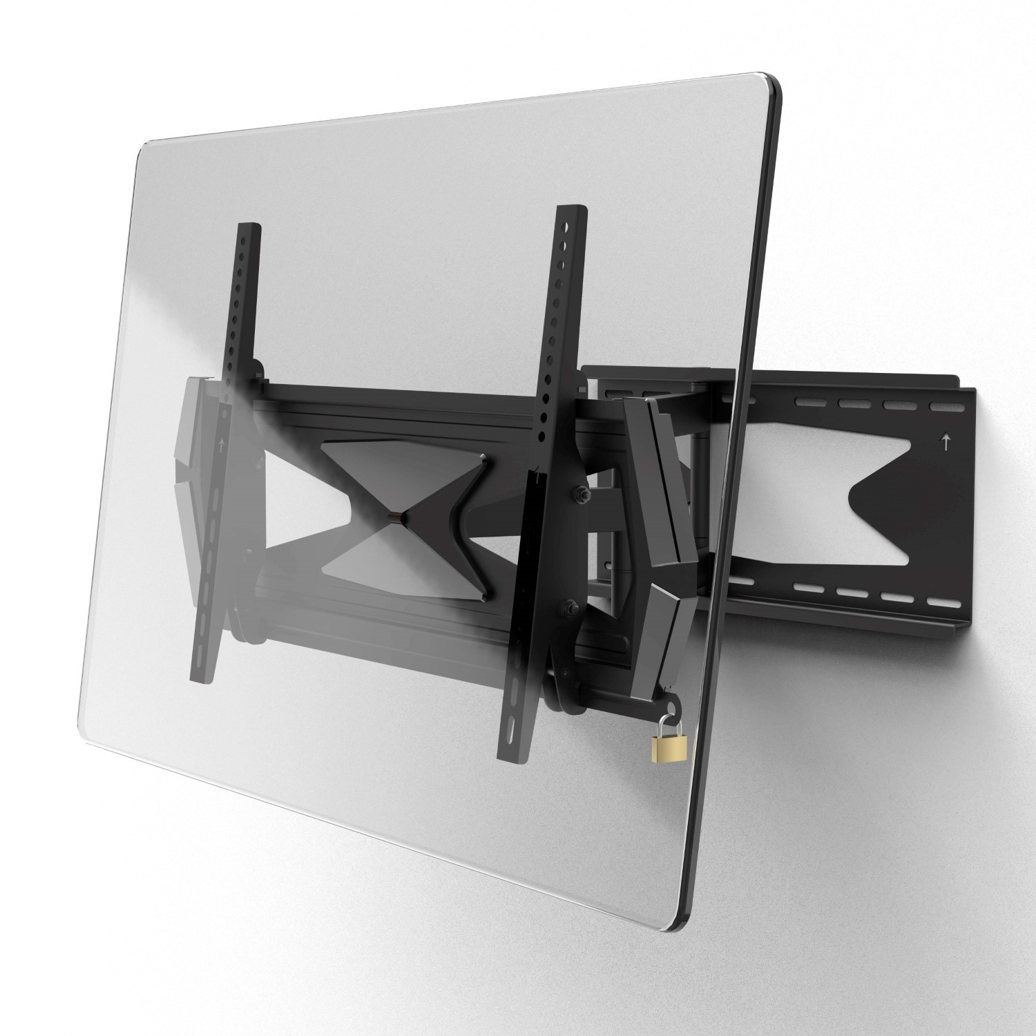Schwarze TV-Wandhalterung mit Glasscheibe und Vorhängeschloss. An einer weißen Wand montiert.