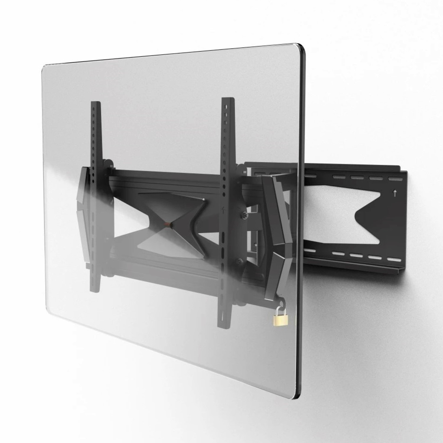 Eine TV-Halterung an einer weißen Wand. Die Halterung ist schwarz, der Fernseher transparent.