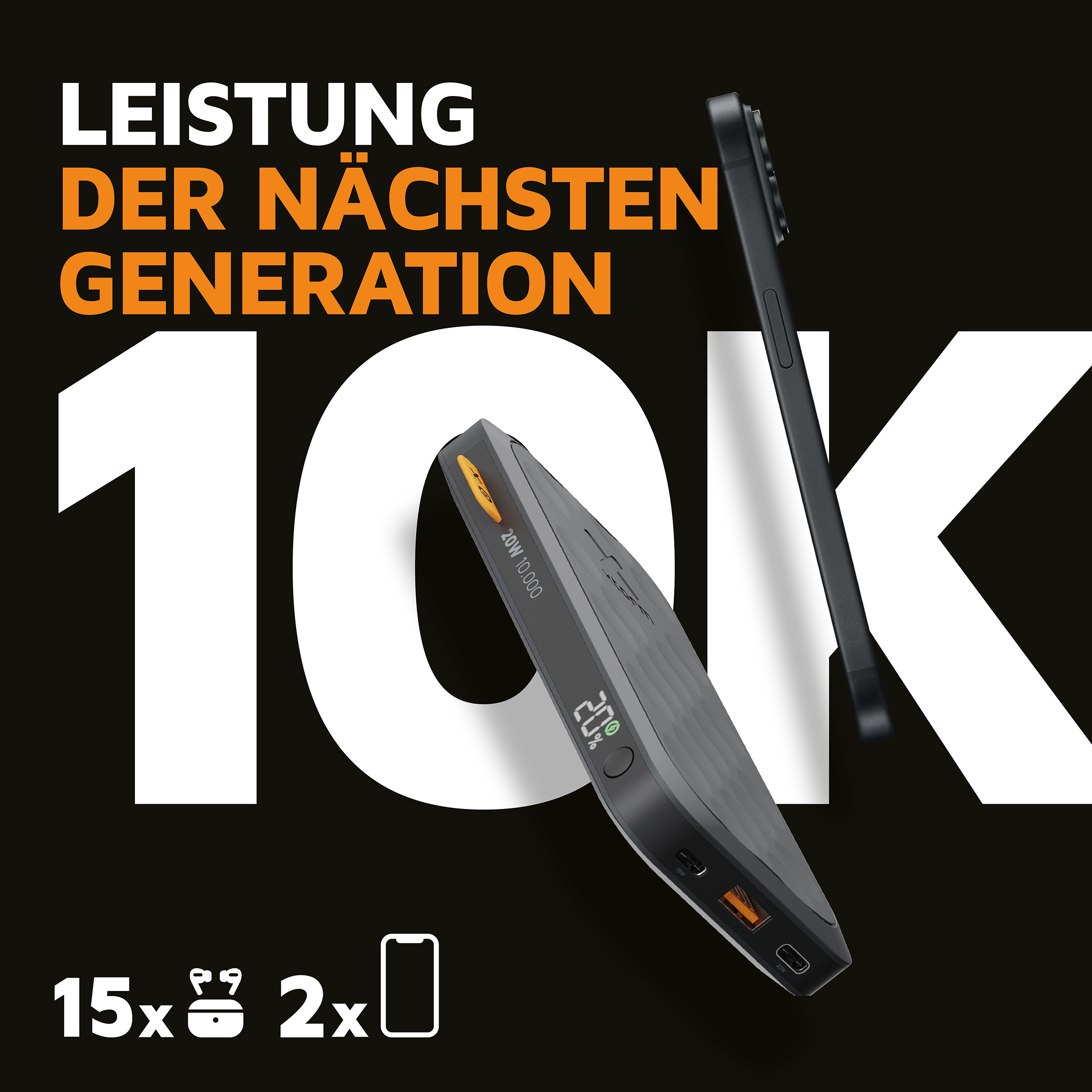 Schwarze Powerbank mit Telefon. Text lautet: 'Leistung der nächsten Generation' und '10K'.