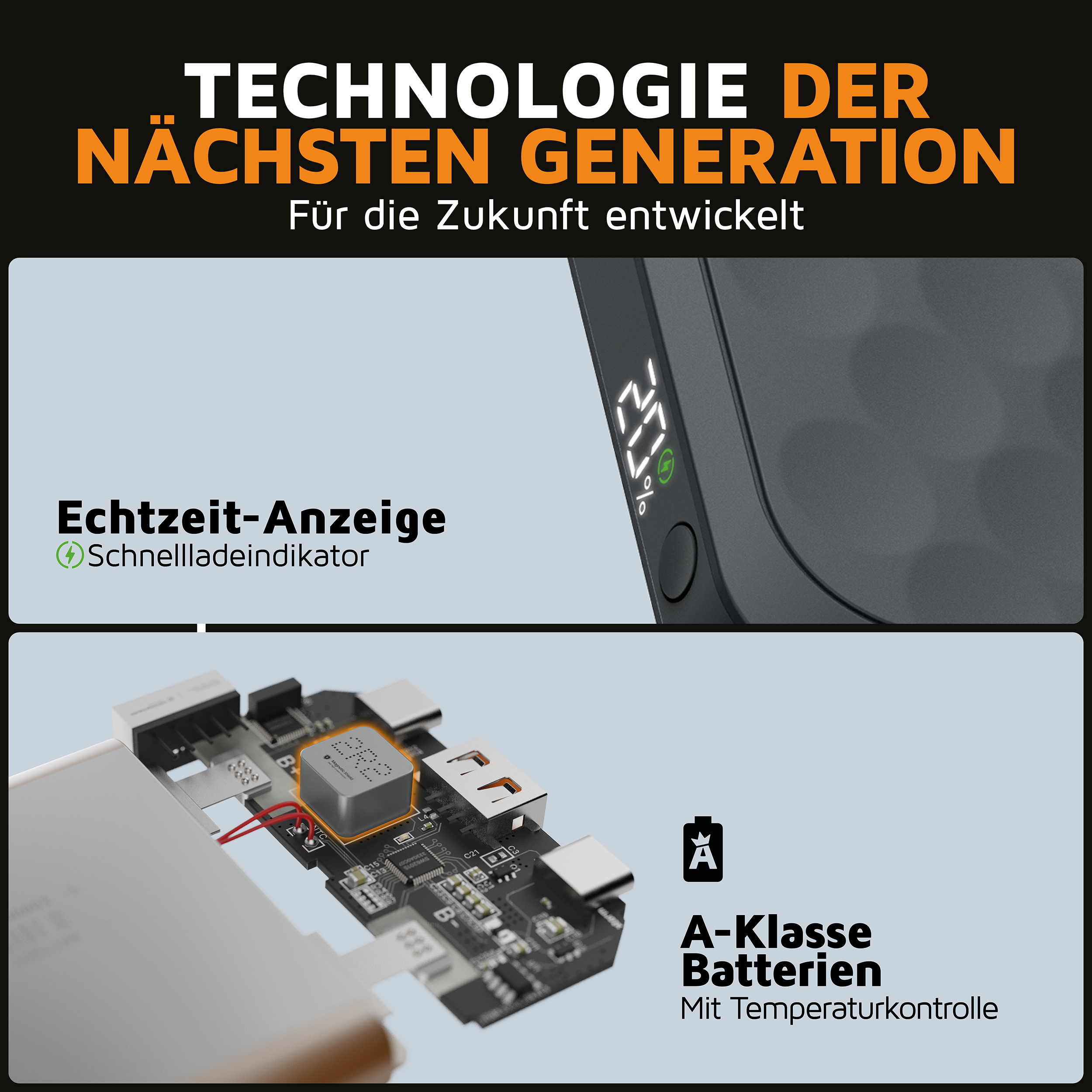 Nahaufnahme einer Powerbank mit Text und einem kleinen Bildschirm, der die Uhrzeit anzeigt. Komponenten sichtbar. Weiße und schwarze Farben.