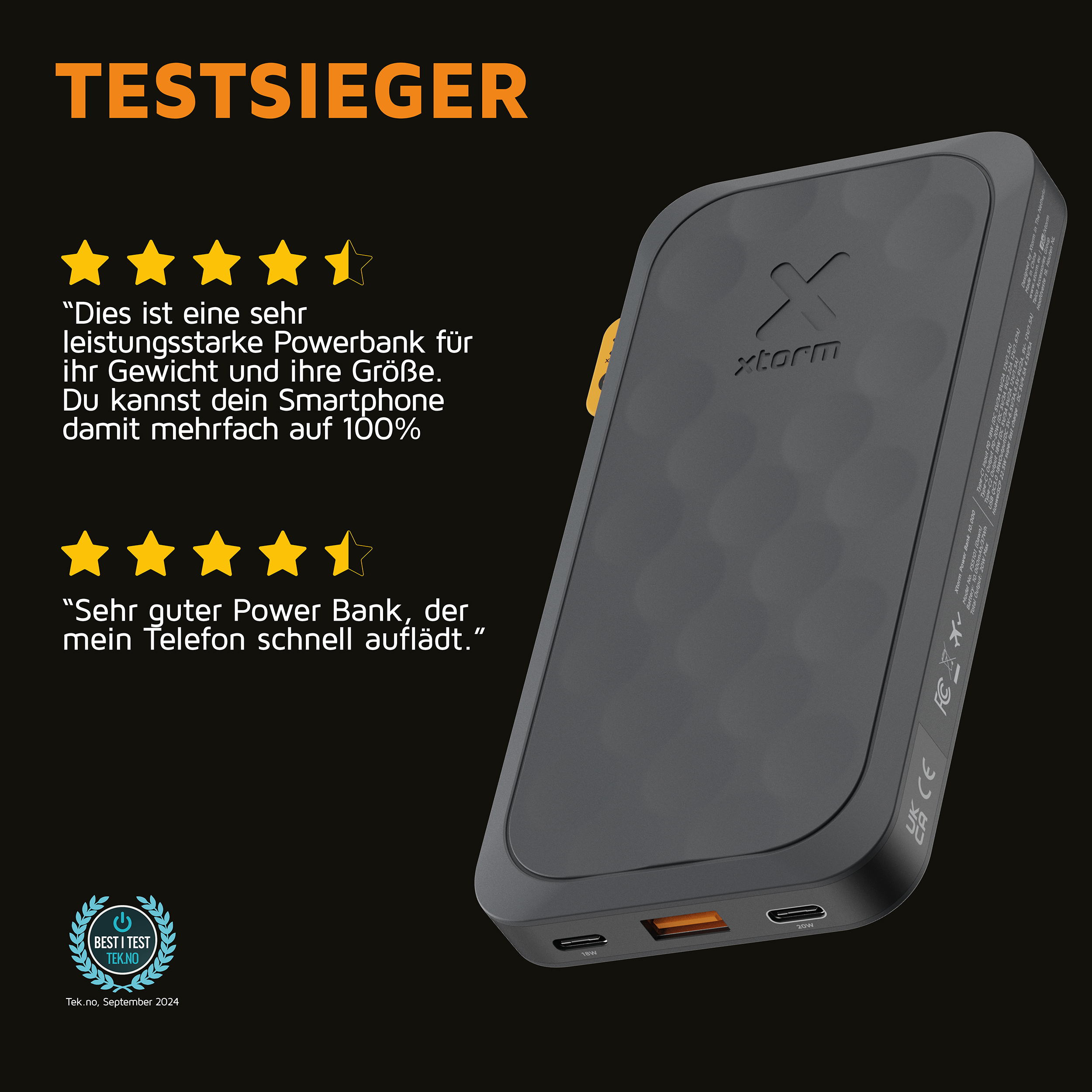 Schwarze Powerbank mit Bewertungen, Text und Logo. Sie hat orangefarbene Details und USB-Anschlüsse.