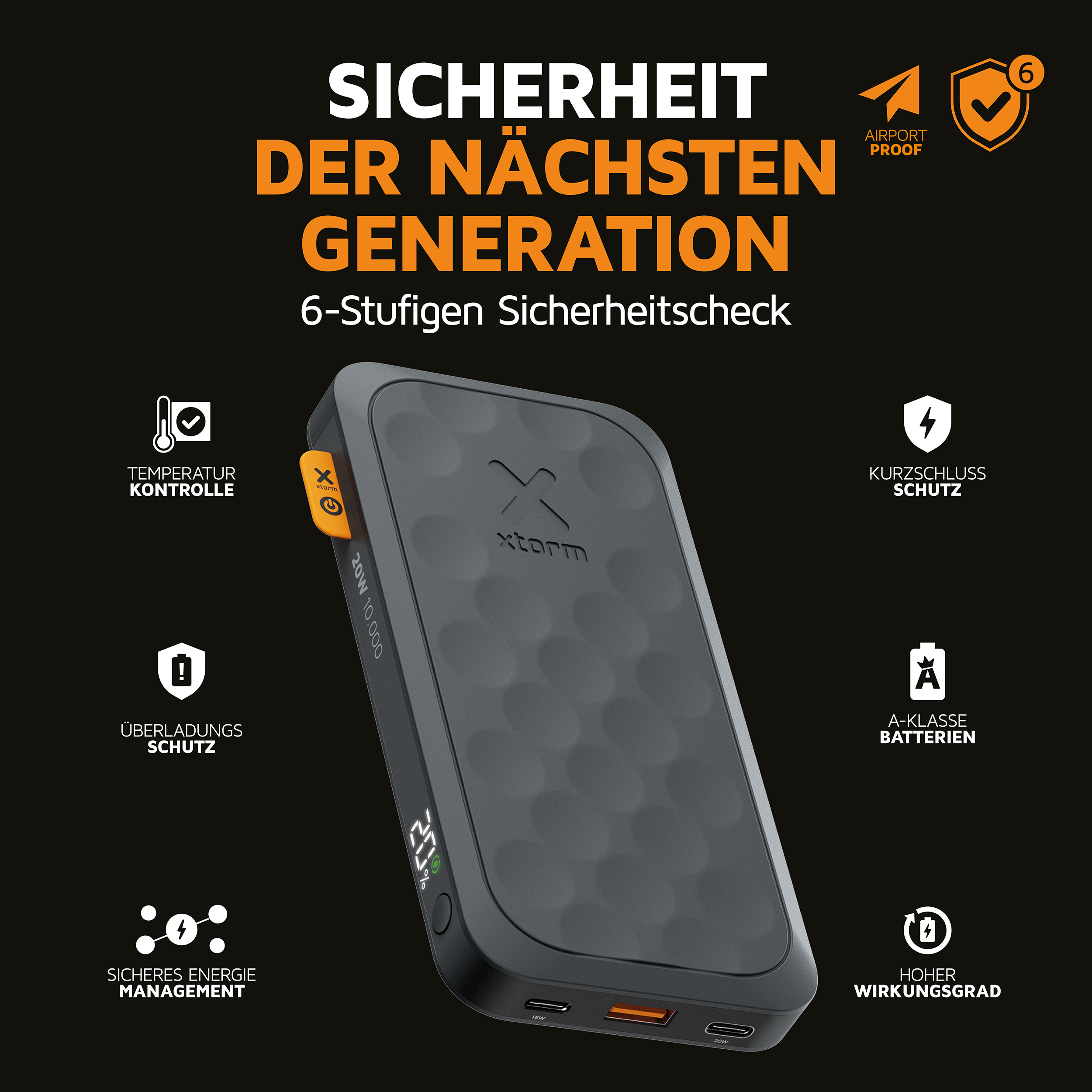 Schwarze Powerbank mit orangefarbenen Akzenten. Text: Sicherheit der nächsten Generation.